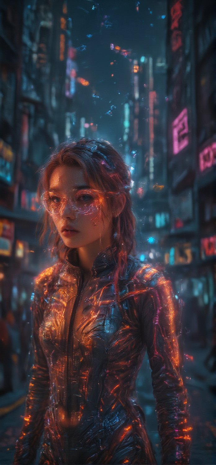 In this **sci-fi ultra HD 4K** portrait, a **futuristic girl** is depicted in a striking and powerful stance, blending technology with sleek, modern aesthetics. Her face is sharp and defined, with a pair of glowing **goggles** strapped across her eyes, the lenses flickering with digital data streams and holographic displays. The goggles are sleek, with thin metallic bands wrapping around her head, seamlessly integrated into her futuristic attire. Her hair is styled in a slick, modern cut, with streaks of **neon-colored strips** running through it, giving her an otherworldly, tech-savvy appearance.

Her body, athletic and toned, is encased in a form-fitting **sci-fi bodysuit**, adorned with intricate **sci-strips** and glowing circuits that pulse with energy, emphasizing her advanced technological nature. The suit is a blend of metallic and synthetic materials, with glowing blue and purple lines running along the seams, connecting to small, embedded tech devices that enhance her abilities. Her posture is confident and poised, radiating both intelligence and strength.

The background is a vast, futuristic cityscape, with towering skyscrapers, floating platforms, and neon-lit streets stretching into the distance. Holographic signs and digital advertisements flicker in the air, casting a soft glow over the scene. In the distance, spaceships fly between the tall buildings, adding to the high-tech, futuristic environment. The overall lighting is dynamic, with bright neon lights casting a cyberpunk glow over her figure, highlighting the intricate details of her suit and technology. This **portrait** captures the essence of a **sci-fi heroine**, blending futuristic tech, sleek design, and a powerful, cinematic vibe.