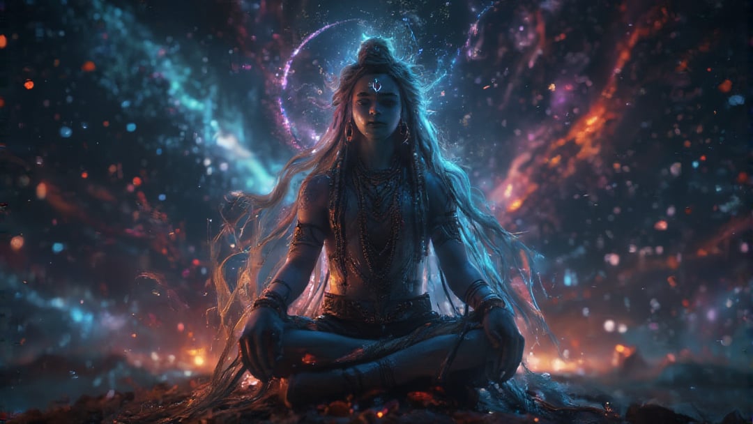 In a breathtaking, Christopher Nolan-inspired shot, Lord Shiva is depicted in an otherworldly setting, seamlessly blending into the vastness of the universe. The scene opens with a dramatic wide-angle view of the cosmos, filled with swirling galaxies, shimmering stars, and vibrant nebulae that create a tapestry of colors against the dark void of space. Shiva, portrayed as a powerful male figure, stands in a meditative pose, his long hair flowing like the Milky Way, adorned with a crescent moon that radiates a soft, ethereal glow. The cosmic light reflects off his blue skin, enhancing his divine aura as he embodies the essence of creation and destruction. His third eye is slightly open, emanating a mystical energy that seems to connect him with the universe around him. The camera captures the grandeur of his presence as celestial beings and astral entities swirl around him, paying homage to the divine force he represents. The lighting is dramatic, with starbursts illuminating his figure, emphasizing the intricate details of his traditional attire and jewelry, which glisten like stars against the backdrop of the cosmos. As the camera smoothly transitions to a close-up portrait, Shiva’s calm and powerful expression reflects wisdom and tranquility, capturing the essence of a male deity deeply intertwined with the universe, embodying both serenity and cosmic power in this awe-inspiring scene.
