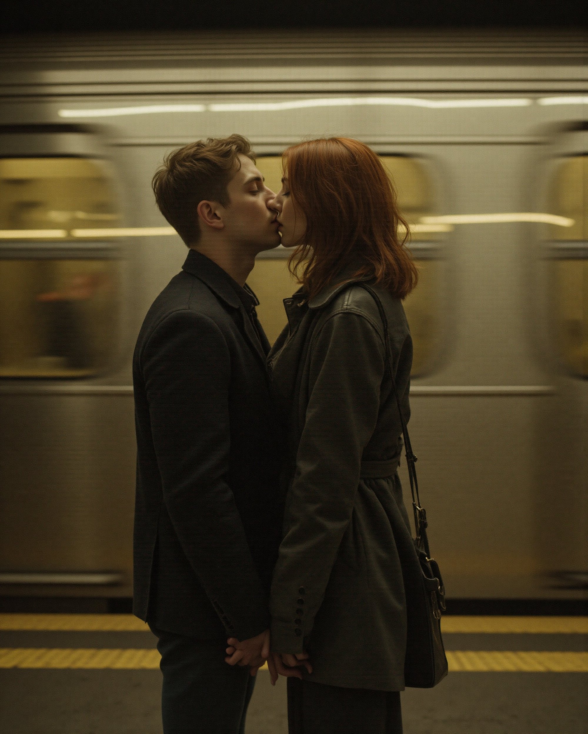 Create a cinematic, intimate moment of a couple sharing a kiss on a subway platform. The couple should be young, with one person having short, reddish-brown hair and wearing dark clothing, and the other with wavy, shoulder-length brown hair, wearing a loose jacket over a dark outfit. The setting features a subway train speeding by in the background, with the blurred motion contrasting the stillness of the couple. The lighting is dim, with a warm, yellowish glow reflecting off the train, creating a moody, romantic atmosphere. The overall image evokes a sense of connection amidst the urban hustle, with soft, tender emotions at the forefront.