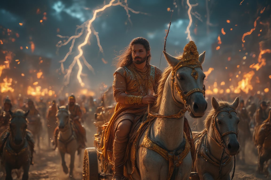 "Create a highly detailed, ultra-HD portrait of **Arjun and Lord Krishna** in the midst of the Mahabharata battlefield, seated together on a grand, golden chariot. The scene should capture the intensity of the **Kurukshetra war**, with a cinematic backdrop of swirling dust, clashing armies, and the distant glow of fires and thunderous clouds filling the sky. **Arjun**, the great warrior, is depicted standing tall at the front of the chariot, his powerful frame holding the divine bow **Gandiva**, with an expression of determination mixed with inner conflict. His armor gleams with intricate detailing, adorned with traditional Indian motifs, reflecting his royal Kshatriya status. His long hair flows in the wind as he prepares to face his destiny. 

Beside him, seated calmly at the reins of the chariot, is **Lord Krishna**, portrayed as his divine charioteer. Krishna's serene expression contrasts with the chaos around them, his radiant blue skin glowing softly with divine energy. He holds the reins of the chariot with one hand, while the other is raised in a gesture of wisdom and reassurance, symbolizing his guidance to Arjun. Krishna's golden crown and silk garments, adorned with jewels and intricate patterns, give off a divine aura, reflecting his celestial nature. 

The horses pulling the chariot are white, galloping with immense speed and strength, their muscles rippling, adding to the dynamic motion of the scene. In the background, the vast battlefield stretches out, filled with warriors, elephants, and war cries, but all fading into insignificance compared to the powerful bond between Arjun and Krishna. Above them, the sky is a dramatic blend of dark clouds, lightning, and cosmic light, hinting at the supernatural forces at play. Krishna’s cosmic presence subtly hints at his divine role as the protector of dharma, while Arjun's stance embodies the warrior grappling with his duty and the profound teachings of the Bhagavad Gita. The entire scene should exude a **cinematic, epic grandeur**, with intricate details capturing the historical and spiritual weight of this moment, presented in 4K ultra-HD resolution, blending traditional Indian aesthetics with modern storytelling."