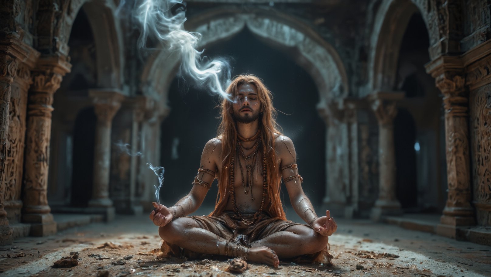 A solitary Indian sadhu sits cross-legged, his body smeared with ash (bhasm) that highlights his intense, meditative presence. He wears a garland of rudraksha beads around his neck, their earthy tones contrasting against the pale ash on his skin. His eyes are closed in deep contemplation, and his long, unkempt hair falls over his shoulders. Surrounding him is a thin veil of smoke, rising from an incense or small sacred fire nearby, giving the scene an ethereal, mystical quality. The atmosphere is heavy with stillness, interrupted only by the soft curls of smoke that weave through the air. In the background looms an ancient, abandoned haveli, its crumbling walls and intricate, faded carvings telling stories of a forgotten era. The haveli, with its weathered stone and overgrown vines, adds a haunting, timeless backdrop to the sadhu’s presence, symbolizing the contrast between worldly decay and spiritual transcendence. The composition focuses on the sadhu’s serenity, framed by the eerie silence of the deserted mansion, creating a cinematic, almost otherworldly visual experience.