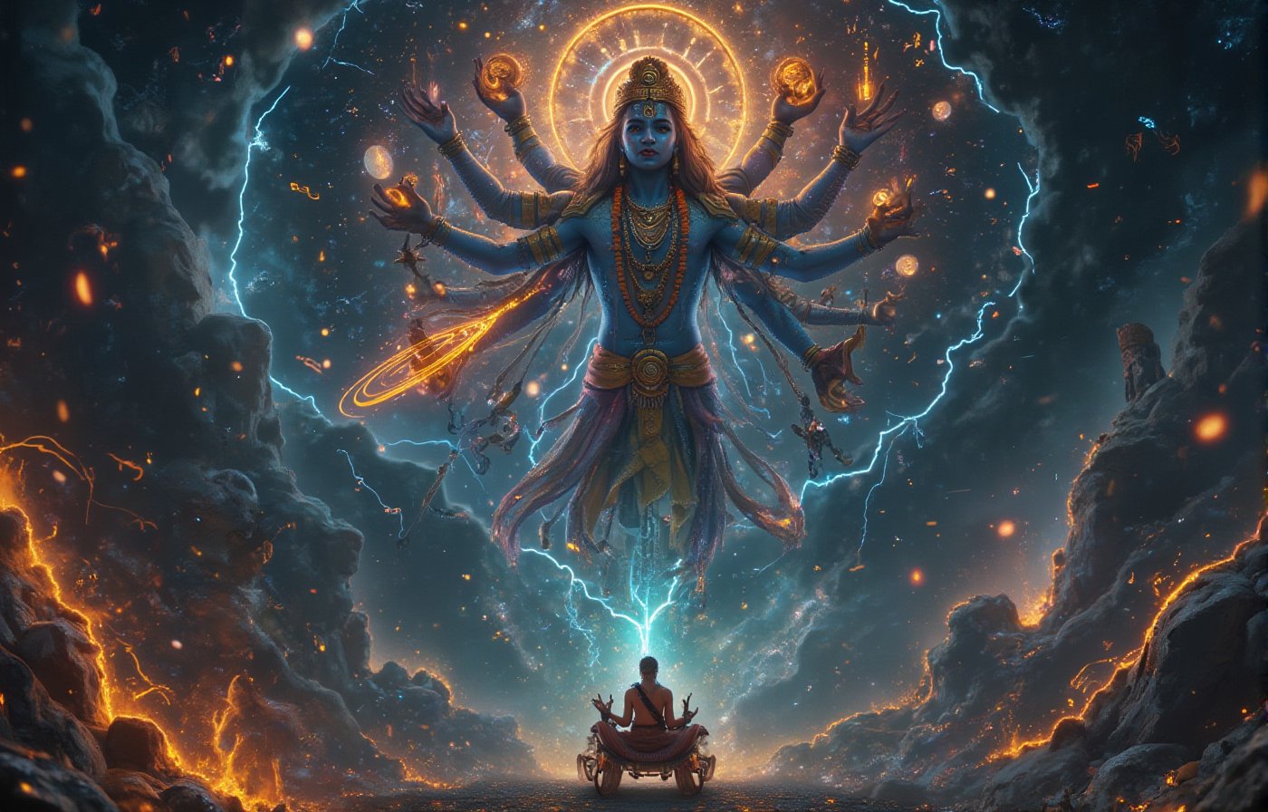 "Create an awe-inspiring, ultra-detailed portrait of **Lord Krishna's Vishvaroop** as depicted in the Bhagavad Gita during the Mahabharata war. Krishna is shown in his cosmic, all-encompassing form, with countless heads, eyes, and limbs radiating divine energy in all directions. His form should be vast and infinite, stretching beyond the confines of the image to represent the entirety of the universe. Multiple faces should reflect various emotions—compassion, anger, tranquility, and power—each face glowing with divine brilliance. His skin is radiant, shimmering with hues of blue and gold, symbolizing eternity and the boundless nature of the cosmos. Surrounding Krishna, there should be celestial beings, sages, gods, and goddesses, who are both in awe and reverence of his immense power. The background is a swirling, cosmic expanse filled with galaxies, stars, and nebulae, blending the infinite time and space. You can see elements of creation and destruction—planets being formed and others collapsing—illustrating his role as the creator, sustainer, and destroyer. In one hand, Krishna holds a mighty discus (Sudharshan Chakra) spinning with tremendous speed, symbolizing the cycle of life and death. His other hands hold various divine weapons and sacred symbols, emphasizing his role as the protector of dharma. The scene is illuminated by a supernatural glow, with lightning bolts striking around him, as if the very fabric of reality is bending to his will. Arjun, seated in his chariot in the foreground, looks up at Krishna with awe and fear, his bow Gandiva lowered in surrender, reflecting his humility and realization of the divine truth. This portrait should convey a sense of overwhelming power, divinity, and the incomprehensible nature of the universe, captured in an intricate, cinematic style with ultra-HD, 4K resolution, blending ancient Indian traditional art with modern cosmic aesthetics."