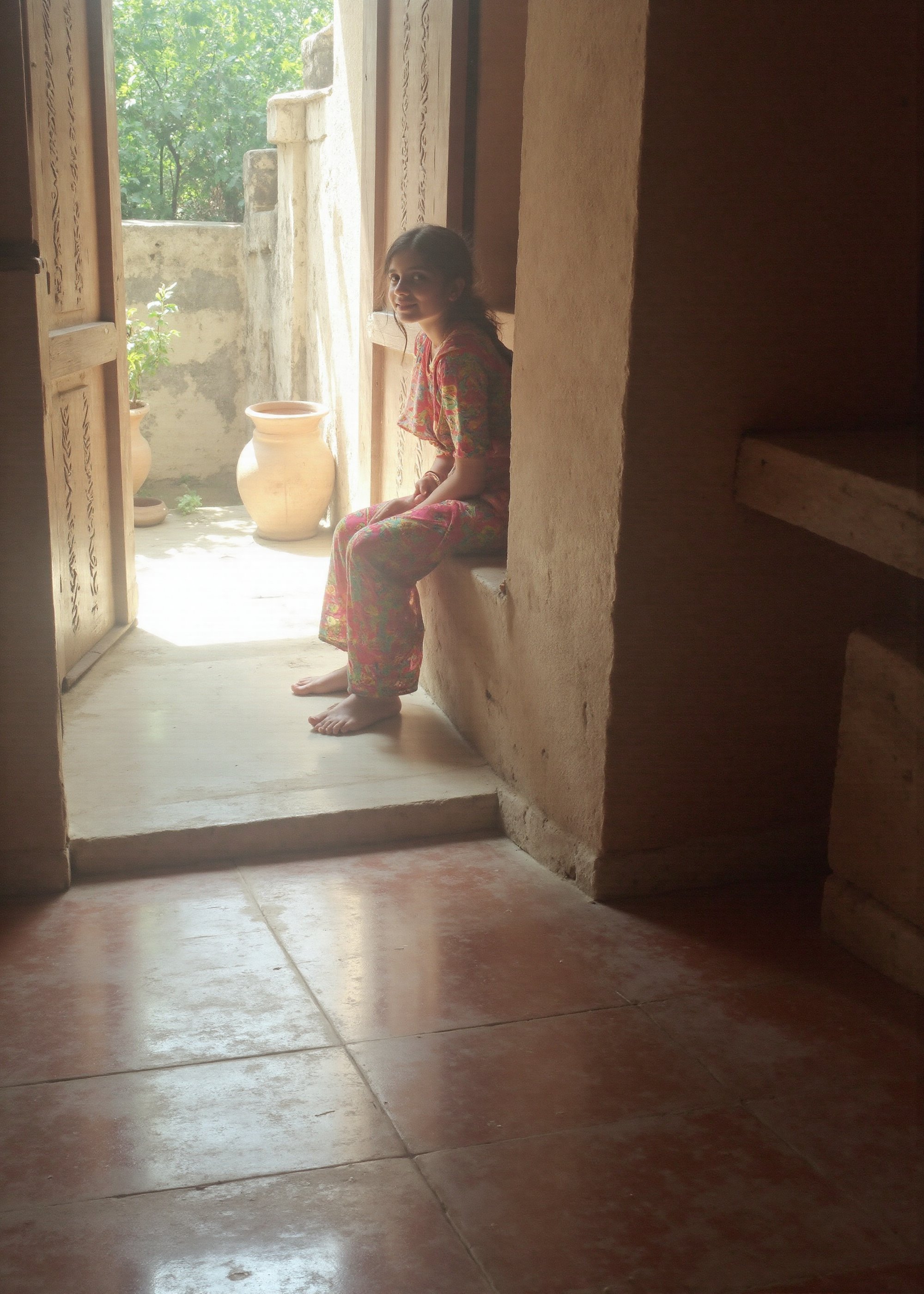 Create a serene and charming scene of a cute Indian girl sitting at the doorway of a traditional Indian house. She is dressed in a simple blouse and a colorful lower, with her hair loosely tied back. The house has earthy tones, with detailed wooden doors and a rustic ambiance. The girl sits comfortably, her expression relaxed and content, as she gazes outside. Sunlight softly filters through, casting a warm glow on her and the surroundings. The background includes elements like earthen pots, a courtyard, and greenery, evoking a peaceful, homely vibe in an Indian rural or semi-urban setting. The overall mood is calm and endearing, reflecting simplicity and traditional beauty.