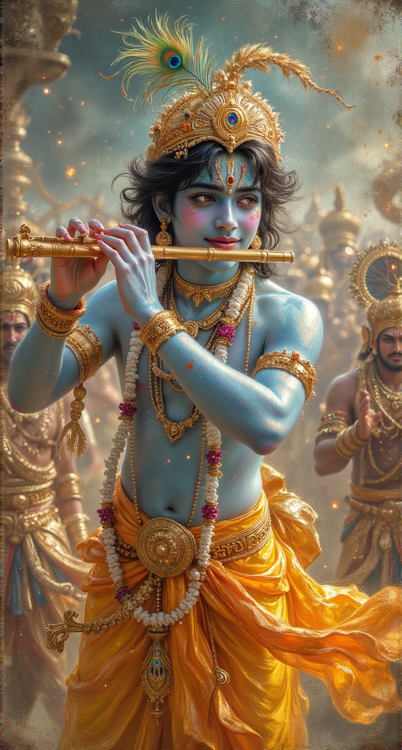 Lord Krishna, in the Mahabharata, is depicted as a divine figure embodying wisdom, charisma, and mischief. He is often shown with a youthful, yet majestic presence, adorned in resplendent yellow silk garments that flow gracefully around him. His skin is a radiant blue, symbolizing his divine nature, and his enchanting face is marked by a serene smile that exudes both compassion and confidence. Krishna's large, expressive eyes sparkle with intelligence, reflecting his deep understanding of dharma and the complexities of human nature. He wears intricate gold jewelry, including a crown adorned with peacock feathers, symbolizing his divine kingship and connection to nature. In scenes where he plays the flute, the sound resonates through the air, captivating all around him, while his playful demeanor often draws laughter and joy. As a strategist and guide, Krishna stands tall with a posture of authority, often depicted with his arm raised in a gesture of counsel or protection, especially during the pivotal moments of the Kurukshetra war, where he imparts the timeless wisdom of the Bhagavad Gita to Arjuna. His presence embodies a balance of strength and grace, wisdom and playfulness, making him a central figure of divine guidance and moral clarity amid the chaos of battle.