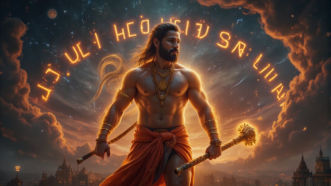 In this **cinematic ultra HD 4K** portrait, **Lord Hanuman** is depicted in his true divine and **monkey-like form**, radiating strength, devotion, and unwavering loyalty to **Lord Ram**. Hanuman's face is distinctly that of a **monkey**, with expressive eyes filled with divine wisdom and devotion, his features fierce yet compassionate. His strong, muscular body glows with divine energy, every muscle on his broad chest and arms intricately detailed, showcasing his immense power as a warrior. His **tail**, long and powerful, curls behind him in a dynamic pose, symbolizing his readiness for action.

In his right hand, Hanuman holds his iconic **gada** (mace), a massive, intricately carved weapon glowing with celestial energy, emphasizing his role as the protector and servant of **Lord Ram**. His body is draped in a traditional **dhoti**, with golden jewelry and sacred threads adorning his muscular form, adding to the divine aura around him. His eyes, filled with the glow of eternal devotion, reflect his deep **bhakti** (devotion) to Lord Ram, making him the perfect symbol of selfless service.

The background is a vast cosmic sky with the name **"Jai Shri Ram"** written in the heavens, spread across in glowing, golden letters, symbolizing Hanuman’s eternal loyalty. The letters seem to echo in the vast sky, filling the atmosphere with divine energy. The cinematic lighting enhances the heroic pose of Hanuman, his tail and **gada** gleaming, while the swirling clouds and faint outlines of ancient temples in the distance bring out the essence of **Indian culture**. This portrait captures the divine warrior in his ultimate form, blending **Hanuman’s monkey-like appearance**, his strength, and his devotion, all in a grand, cinematic display.