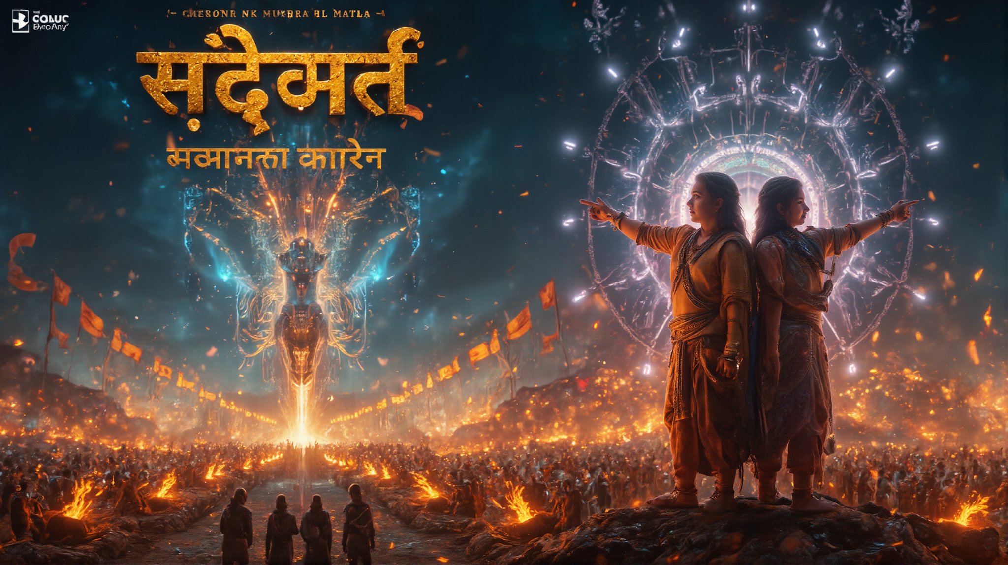 For the YouTube thumbnail of this Mahabharata-themed song, envision a powerful and cinematic image in 4K Ultra HD. In the center, depict Lord Krishna and Arjuna standing side by side, with Krishna pointing towards the battlefield, symbolizing guidance and dharma. Arjuna, with his bow drawn, shows determination. The background features a vibrant and dramatic depiction of the Kurukshetra battlefield, with armies clashing and flags waving. Surrounding them, ethereal light shines from Krishna, symbolizing wisdom and divine presence. Above the characters, the title "krishna ki mahima" appears in bold, traditional golden Hindi font.