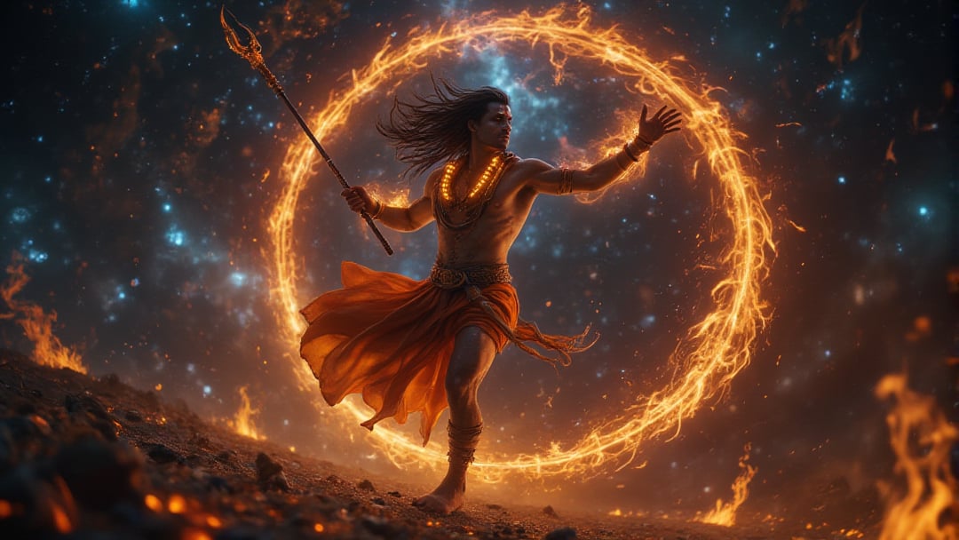 The image captures Lord Shiva in the midst of his powerful Tandava dance. His body is a blur of movement, muscles tense, his trident whirling in one hand, and the other raised in divine rhythm. The serpents around his neck flare outward with the force of his motion. The background is a vast, swirling cosmos, with stars and galaxies bending around him, reflecting the destruction and creation inherent in his dance. The wide shot emphasizes the swirling energy and the vastness of space, with intricate details visible in the movement of his flowing locks and the fire that encircles him, reminiscent of Nolan's sweeping, complex cinematic shots