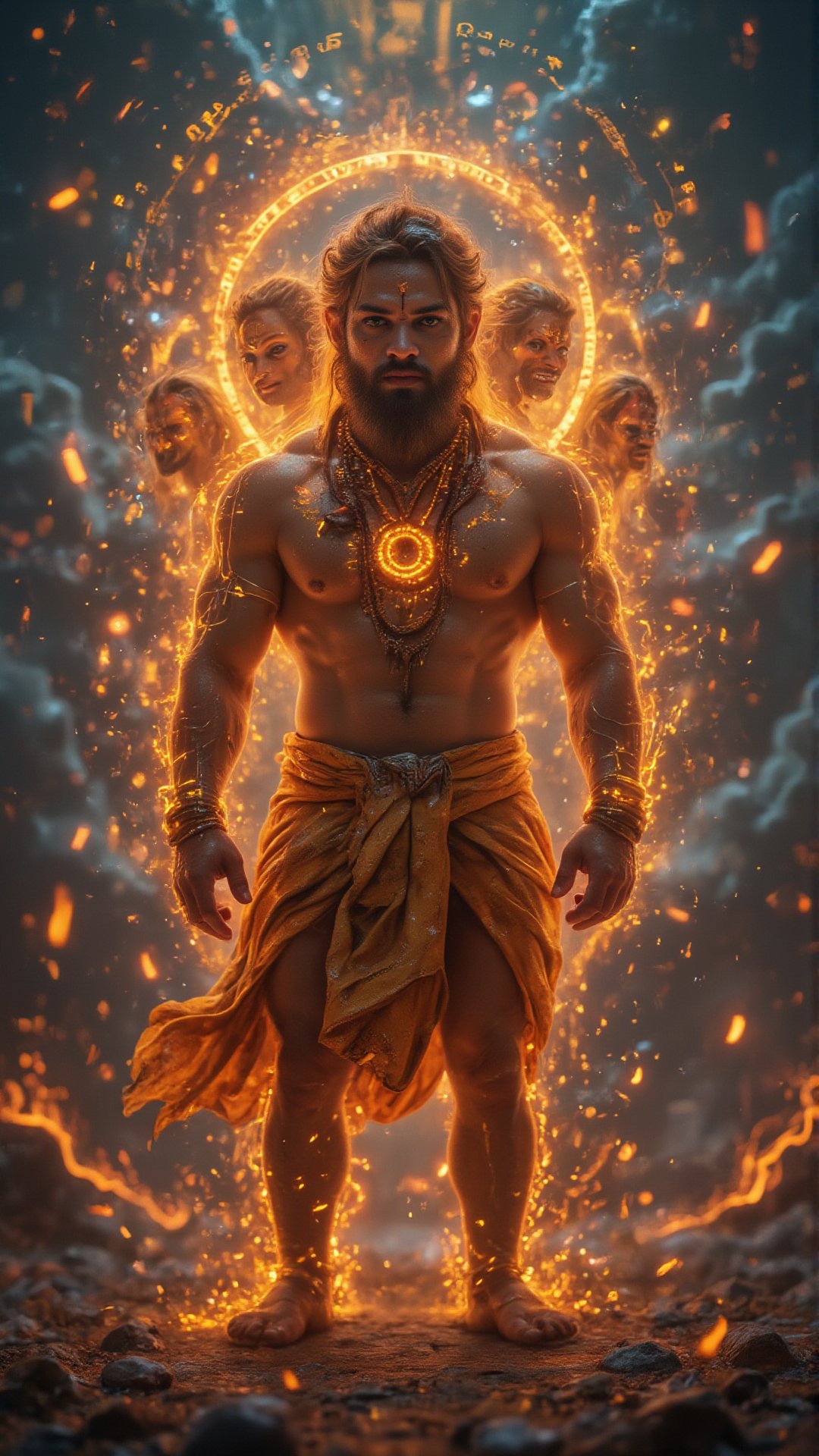 "Create a highly detailed, ultra-HD portrait of **Panchamukhi Hanuman**, showcasing his **five faces** (Hanuman, Narasimha, Garuda, Varaha, Hayagriva), each radiating divine power and wisdom, set against a cinematic backdrop. In this portrait, Hanuman is shown standing in a powerful, heroic pose, exuding strength and divinity. His central face, **Hanuman**, is fierce yet compassionate, with his expressive eyes full of devotion to Lord Rama. The details of his face reveal the texture of his fur, his muscular form glowing with divine energy. Surrounding his main face are the other **four faces**: the fierce **Narasimha** with a lion's mane, symbolizing protection and destruction of evil; **Garuda**, the eagle-faced deity, representing courage and swiftness; **Varaha**, the boar-faced incarnation, embodying strength and rescue; and **Hayagriva**, the horse-headed face, symbolizing knowledge and wisdom.

His broad chest displays the divine symbols of Lord Rama, while his muscular arms hold the **gada (mace)** in one hand, and his other hands display powerful mudras symbolizing strength, protection, and knowledge. Hanuman’s body is adorned with sacred jewelry, intricately detailed with traditional Indian designs, while his waist is wrapped in a golden dhoti that flows dynamically with the wind. His **tail** curls around him, adding motion and fluidity to the scene, while in the background, cosmic flames and light swirl around him, blending the scene with a cosmic, otherworldly atmosphere.

The **cinematic background** should be a dramatic blend of the sky, filled with swirling clouds, golden light, and flashes of divine energy, as if Hanuman is standing at the center of the universe itself. The ground beneath him should crack with the force of his divine power, and in the distance, subtle hints of a **cosmic battlefield** can be seen, with mystical elements swirling around. The entire scene should be bathed in golden light, signifying his eternal connection to Lord Rama, with faint traces of the words "Jai Shri Ram" spreading in the background as divine light. Every detail, from his sacred garb to his flowing fur, should be intricately textured and filled with symbolism, creating a **4K ultra-HD masterpiece**, blending the traditional aesthetics of **Indian mythology** with modern cinematic storytelling, exuding epic grandeur and spiritual strength."