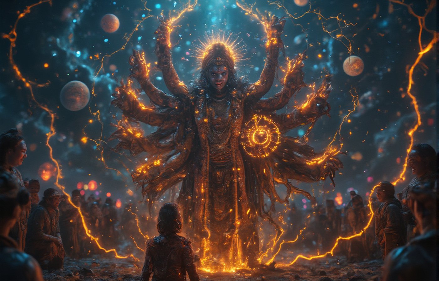 "Create an awe-inspiring, ultra-detailed portrait of **Lord Krishna's Vishvaroop** as depicted in the Bhagavad Gita during the Mahabharata war. Krishna is shown in his cosmic, all-encompassing form, with countless heads, eyes, and limbs radiating divine energy in all directions. His form should be vast and infinite, stretching beyond the confines of the image to represent the entirety of the universe. Multiple faces should reflect various emotions—compassion, anger, tranquility, and power—each face glowing with divine brilliance. His skin is radiant, shimmering with hues of blue and gold, symbolizing eternity and the boundless nature of the cosmos. Surrounding Krishna, there should be celestial beings, sages, gods, and goddesses, who are both in awe and reverence of his immense power. The background is a swirling, cosmic expanse filled with galaxies, stars, and nebulae, blending the infinite time and space. You can see elements of creation and destruction—planets being formed and others collapsing—illustrating his role as the creator, sustainer, and destroyer. In one hand, Krishna holds a mighty discus (Sudharshan Chakra) spinning with tremendous speed, symbolizing the cycle of life and death. His other hands hold various divine weapons and sacred symbols, emphasizing his role as the protector of dharma. The scene is illuminated by a supernatural glow, with lightning bolts striking around him, as if the very fabric of reality is bending to his will. Arjun, seated in his chariot in the foreground, looks up at Krishna with awe and fear, his bow Gandiva lowered in surrender, reflecting his humility and realization of the divine truth. This portrait should convey a sense of overwhelming power, divinity, and the incomprehensible nature of the universe, captured in an intricate, cinematic style with ultra-HD, 4K resolution, blending ancient Indian traditional art with modern cosmic aesthetics."