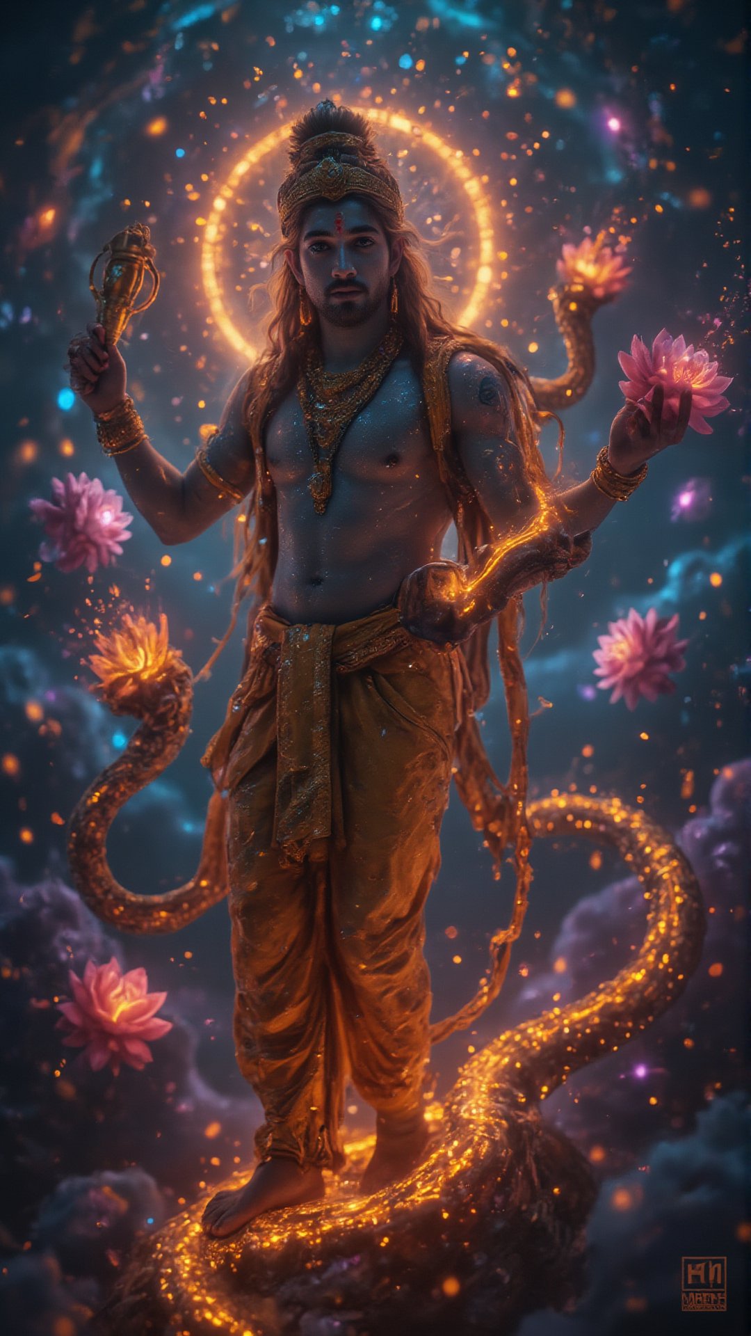 "Create an ultra-HD, highly detailed **horizontal portrayal of Lord Vishnu** in his **Chaturbhuj (four-armed) form**, with his serene and divine expression at the center of the composition. Vishnu, the preserver and protector of the universe, is depicted with a calm, benevolent face, radiating peace and divinity. His skin is a deep, cosmic blue, representing the infinite nature of the universe, and his eyes are soft yet full of wisdom, symbolizing his eternal vigilance over the cosmos. His crown, intricately detailed, shines with celestial gems, symbolizing his supreme authority over all creation.

In his four arms, each hand holds a significant object that represents his divine powers: the **Shankha (conch)** in his upper left hand, representing the primordial sound of creation, is glowing softly as if resonating through the cosmos. The **Sudarshana Chakra (discus)** in his upper right hand spins subtly, emitting radiant light that symbolizes the destruction of evil and the protection of righteousness. His lower right hand holds a **Gada (mace)**, its intricate designs symbolizing strength and power, ready to crush any forces of adharma (injustice). Finally, in his lower left hand, he holds the **Padma (lotus)**, a symbol of purity and spiritual liberation, the petals gently unfurling as if floating in the cosmic expanse.

The background of the image is a swirling, dynamic blend of **cosmic elements**, with nebulae, stars, and galaxies swirling around Vishnu, highlighting his role as the protector of the universe. The **Garuda**, Vishnu’s eagle mount, is faintly visible in the background, soaring through the stars, ready to carry his lord at a moment’s notice. Behind Vishnu, a soft golden aura emanates, blending seamlessly with the cosmic background, symbolizing his divine presence that pervades all of existence.

Vishnu’s attire is traditional, with a **rich golden dhoti**, intricately patterned and flowing gracefully in the cosmic wind. His body is adorned with celestial jewelry: bracelets, armlets, and a radiant necklace of **kaustubha gems** glowing with divine energy. Around his neck, the **Vaijayanti garland** of sacred flowers flows, adding a touch of earthly beauty to his celestial form. His **serpent Shesha**, with multiple heads, curls protectively behind him, its scales shimmering with cosmic light, symbolizing both infinite time and protection.

Each of Vishnu’s four hands is posed in a **balanced, graceful gesture**, showcasing his powers of creation, protection, and preservation. His serene face remains the central focus, with every detail—from the subtle curve of his lips to the divine glow in his eyes—capturing his role as the eternal preserver of the universe.

The **cinematic background** enhances the grandeur of Vishnu, with swirling clouds of stardust and vibrant hues of deep blues, purples, and golds representing the boundless universe he watches over. Soft rays of golden light cut through the cosmic backdrop, illuminating Vishnu’s form and casting a divine glow around him. The universe itself seems to pulse with life and energy, a visual representation of the cosmic cycle of creation, preservation, and destruction that Vishnu governs.

This **4K ultra-HD horizontal portrait** captures the majesty and divine power of Lord Vishnu in his **Chaturbhuj form**, blending **Indian mythology** with a **cinematic visual style**. Every aspect of Vishnu, from his serene face to his powerful weapons, is rendered in breathtaking detail, creating an awe-inspiring visual that conveys his eternal role as the protector and sustainer of the cosmos."