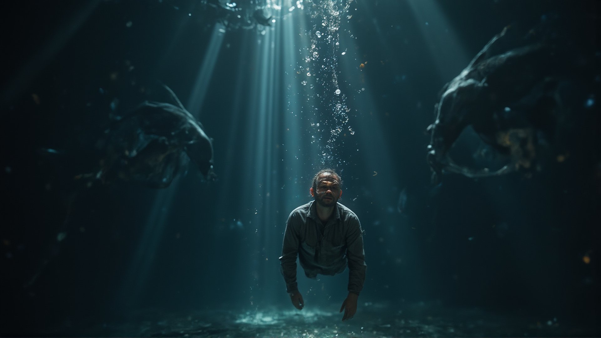 A slow, breathtaking shot of a man sinking in the depths of a dark, endless ocean. His body drifts weightlessly, illuminated by rays of light piercing the water from above. Giant, shadowy forms can be seen moving in the distance, but the ocean remains silent. Bubbles rise slowly around the man as he descends deeper into the abyss. The scene captures the overwhelming scale of the ocean, with the man appearing tiny and fragile compared to the vast, dark waters. The ultra HD 4k quality makes every ripple of water, every subtle shift of light, and the texture of the man’s clothes stand out vividly. The shot conveys a sense of isolation and insignificance, set against the boundless unknown.