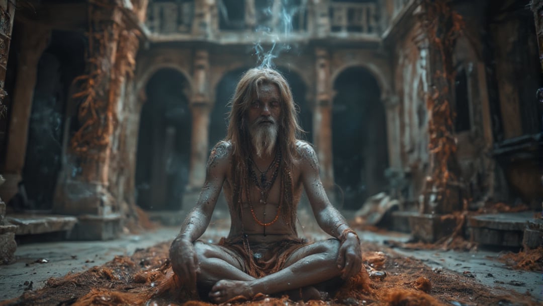 A solitary Indian old age sadhu sits cross-legged, his body smeared with ash (bhasm) that highlights his intense, meditative presence. He wears a garland of rudraksha beads around his neck, their earthy tones contrasting against the pale ash on his skin. His eyes are closed in deep contemplation, and his long, unkempt hair falls over his shoulders. Surrounding him is a thin veil of smoke, rising from an incense or small sacred fire nearby, giving the scene an ethereal, mystical quality. The atmosphere is heavy with stillness, interrupted only by the soft curls of smoke that weave through the air. In the background looms an ancient, abandoned haveli, its crumbling walls and intricate, faded carvings telling stories of a forgotten era. The haveli, with its weathered stone and overgrown vines, adds a haunting, timeless backdrop to the sadhu’s presence, symbolizing the contrast between worldly decay and spiritual transcendence. The composition focuses on the sadhu’s serenity, framed by the eerie silence of the deserted mansion, creating a cinematic, almost otherworldly visual experience.