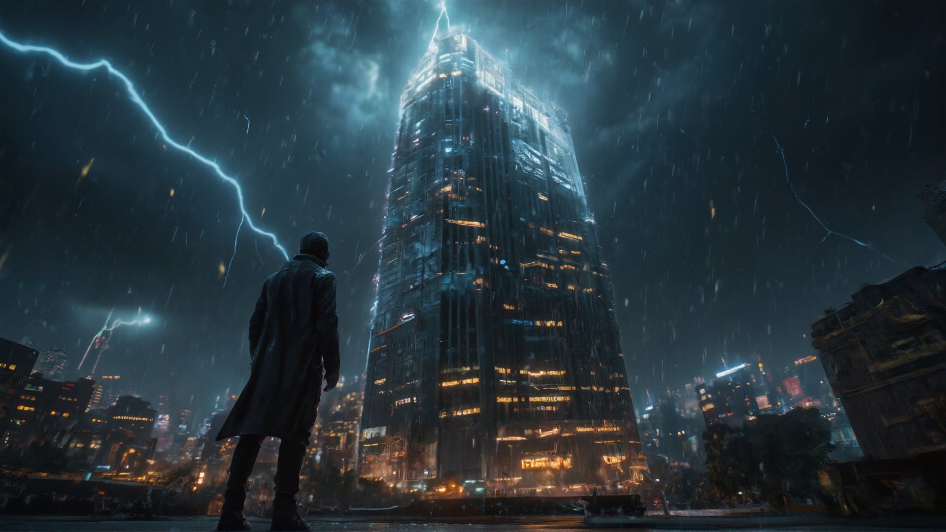 In this ultra HD 4k shot, a man, with his back turned to the camera, stands in front of a towering glass skyscraper. The building reflects a stormy sky filled with dark clouds, lightning crackling in the distance. The man, wearing a long coat, is a solitary figure amidst the vast urban environment. His posture is calm but determined, as though waiting for something. The camera captures the reflections of the chaotic sky on the skyscraper's glass exterior in sharp, cinematic detail, while the ground beneath the man's feet is slick with rain, adding a sense of foreboding. The tension between the calm figure and the brewing storm creates an intense atmosphere, with every raindrop and flash of lightning vividly detailed in 4k resolution.