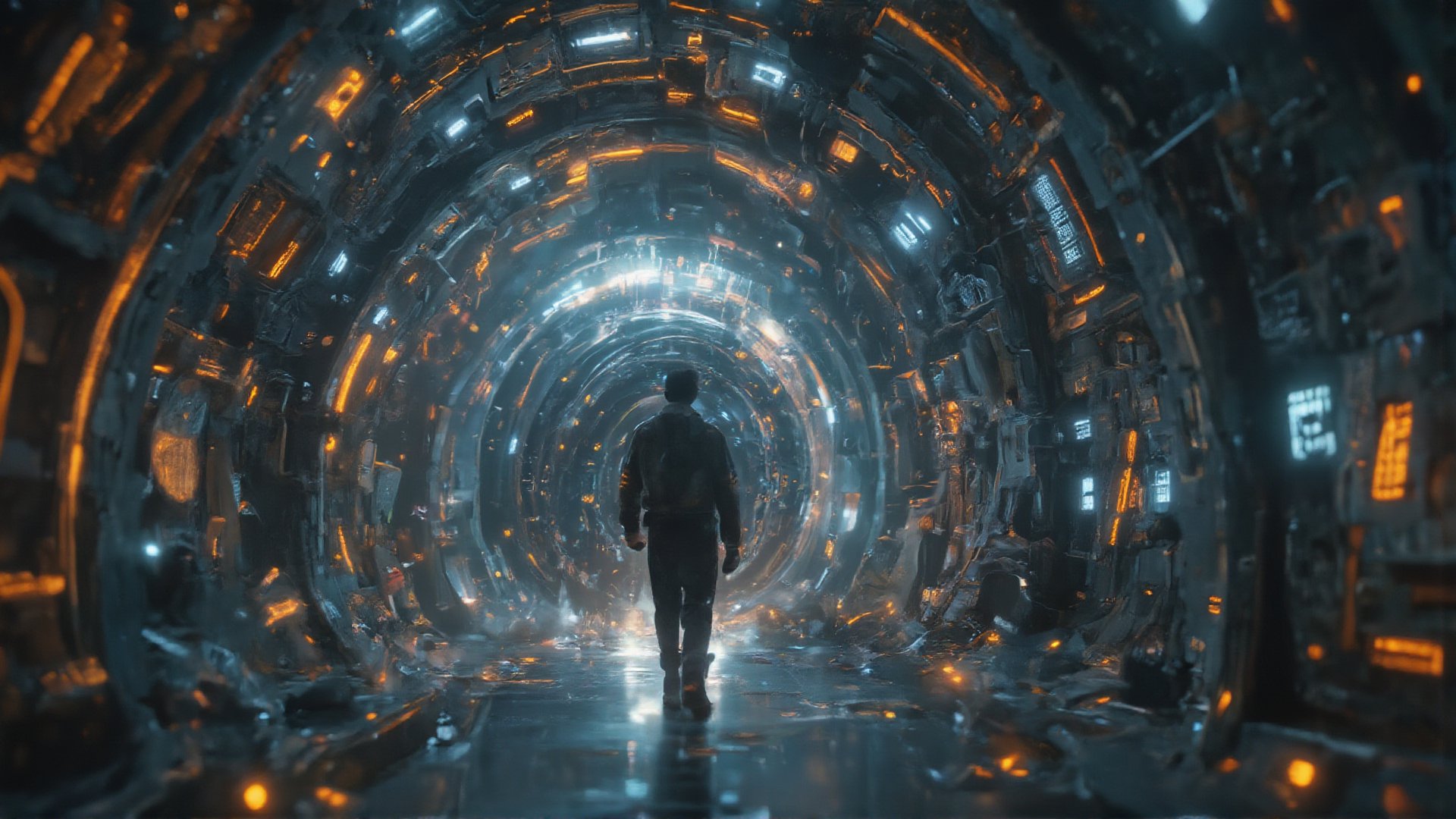 A man walking through a futuristic space station filled with artificial gravity distortions: The man steps into a space station corridor where gravity is fractured, causing objects, debris, and even parts of the architecture to float and twist in strange ways. The corridor bends impossibly, creating a dizzying visual as the camera pans to show the man navigating through this chaotic environment. In some sections, gravity pulls upwards, while in others, objects drift sideways or hover in mid-air. The ultra HD 4k resolution brings out every detail of the space station’s metallic surfaces, the floating objects, and the intricate design of the futuristic technology surrounding the man. His calm, deliberate steps contrast with the visual chaos of the distorted gravity, a clear nod to Nolan’s fascination with bending physical laws. Light from distant stars shines through windows, illuminating the man’s path as he pushes forward into the unknown.