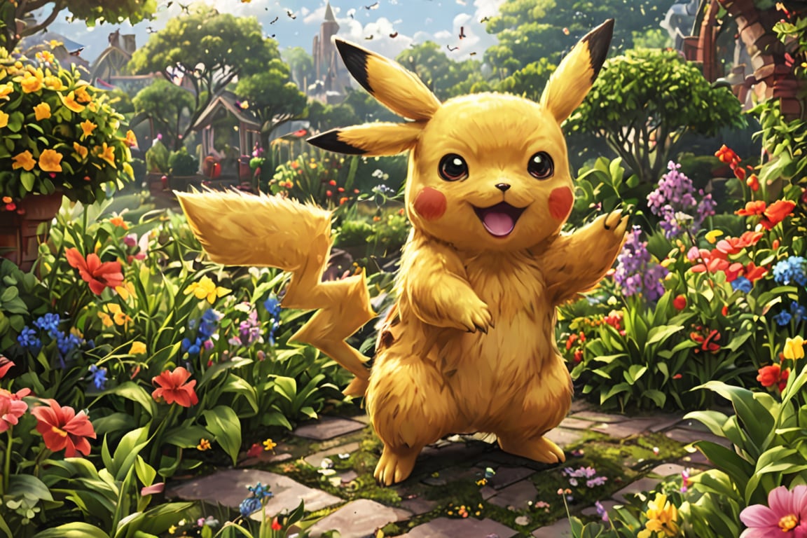 (extremely detailed 8k wallpaper), a medium full body photo of Pikachu of pokemon,intricate, highly detailed, dramatic, playing on a garden