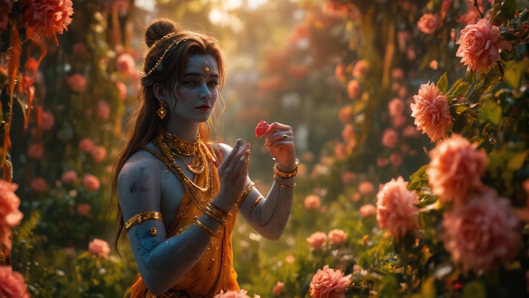 In a serene, cinematic shot, Lord Vishnu is depicted standing gracefully, his body angled slightly as he performs the Abhaya Mudra, symbolizing fearlessness and protection. The setting is a lush garden filled with blooming flowers and soft greenery, creating a tranquil environment. The extreme wide-angle captures the beauty of the surroundings while emphasizing Vishnu’s divine presence as a male figure radiating peace. The lighting is warm and inviting, casting a soft glow around him that enhances his serene expression. Dressed in traditional attire adorned with gold jewelry, Vishnu’s blue skin shines against the vibrant colors of nature. As the camera zooms in, it highlights the kindness in his eyes, reflecting his compassion for all beings and his role as a benevolent protector. This shot beautifully captures the essence of Vishnu as a male deity, embodying grace, strength, and unconditional love.

