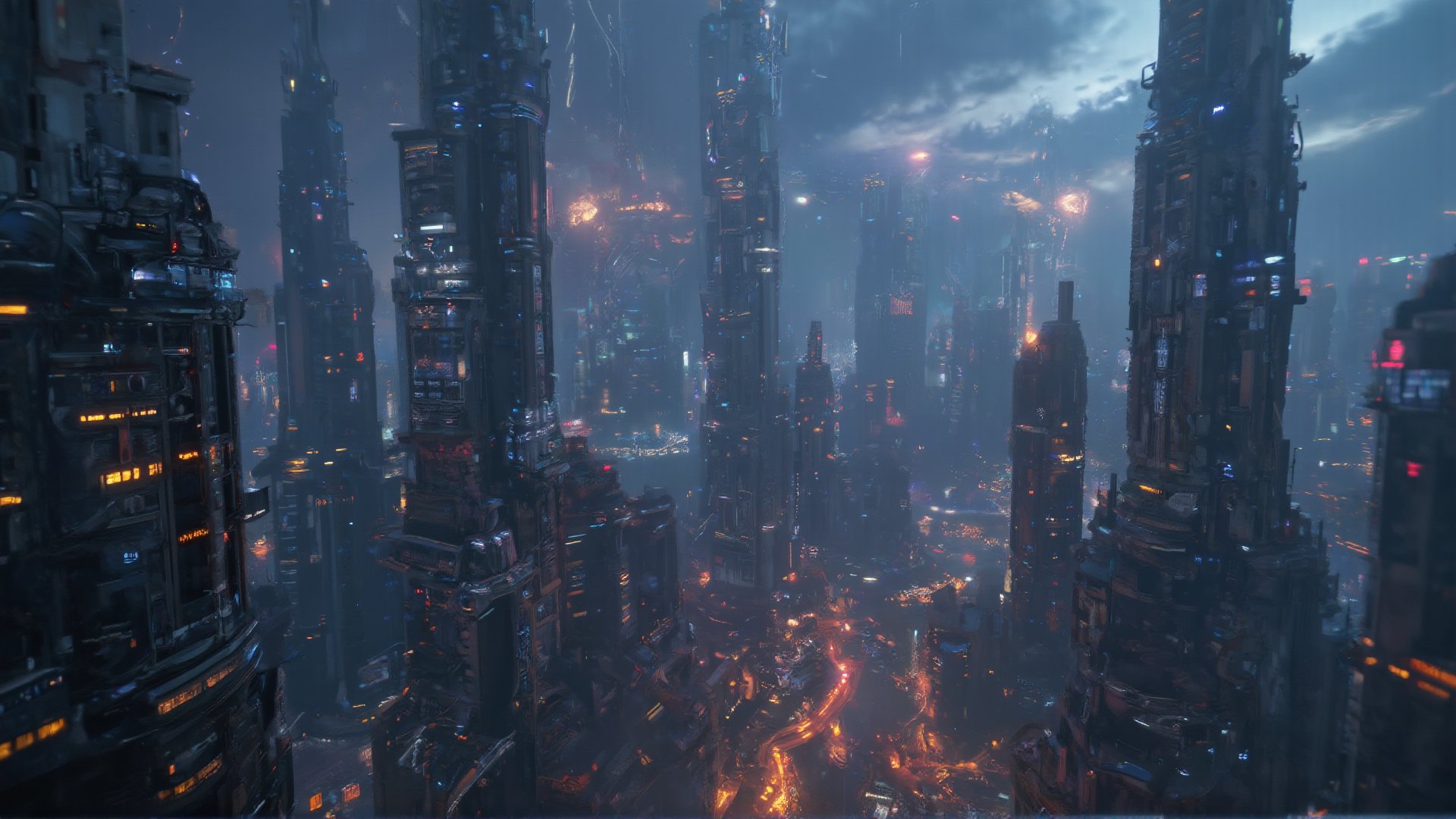 An ultra-wide shot of a towering, sprawling futuristic metropolis just before dawn, with gleaming skyscrapers rising above the thick clouds. The camera is positioned at a low angle, looking up at the massive structures made of glass and steel, while flying vehicles and hovercrafts glide silently between buildings. The city is illuminated by soft, bluish pre-dawn light, with occasional bursts of orange from distant industrial fires. The sky above is a blend of deep indigo and faint purples as the sun barely begins to rise. The entire scene feels both awe-inspiring and dystopian, with Nolan-esque crisp shadows and reflections that add depth and scale to the shot, leaving the viewer with a sense of wonder and trepidation."