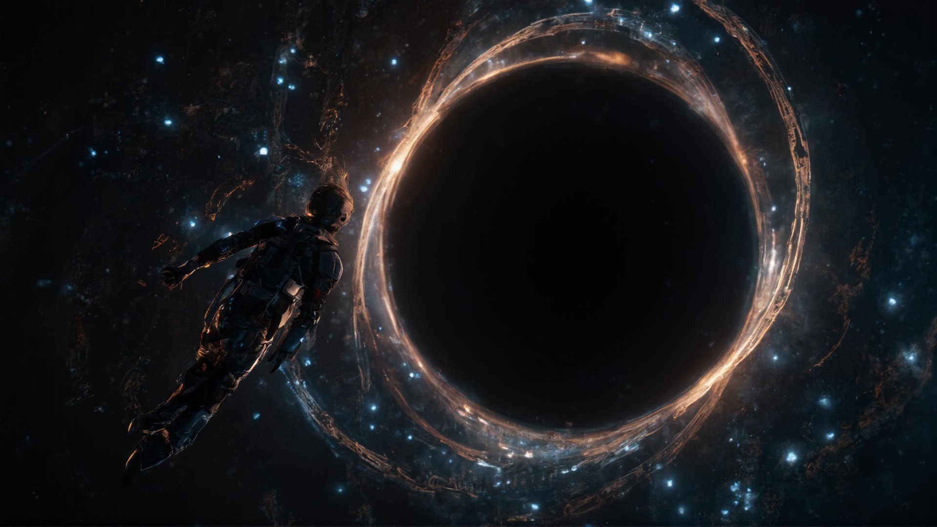 In this ultra HD 4k shot, the man is floating in the void of space, suspended before an awe-inspiring black hole that dominates the frame. The black hole warps space around it, bending light and stretching the stars into swirling patterns. The camera focuses on the man, whose space suit gleams under the faint, distorted starlight. His figure appears minuscule in contrast to the cosmic phenomenon behind him. The shot captures the vastness of space, emphasizing the insignificance of a lone human against the forces of the universe. Christopher Nolan’s signature style is evident in the profound scale and depth of the shot, as well as the detailed realism in the portrayal of space physics and light manipulation. The scene is both beautiful and terrifying, pulling the viewer into a moment of intense contemplation of the unknown.