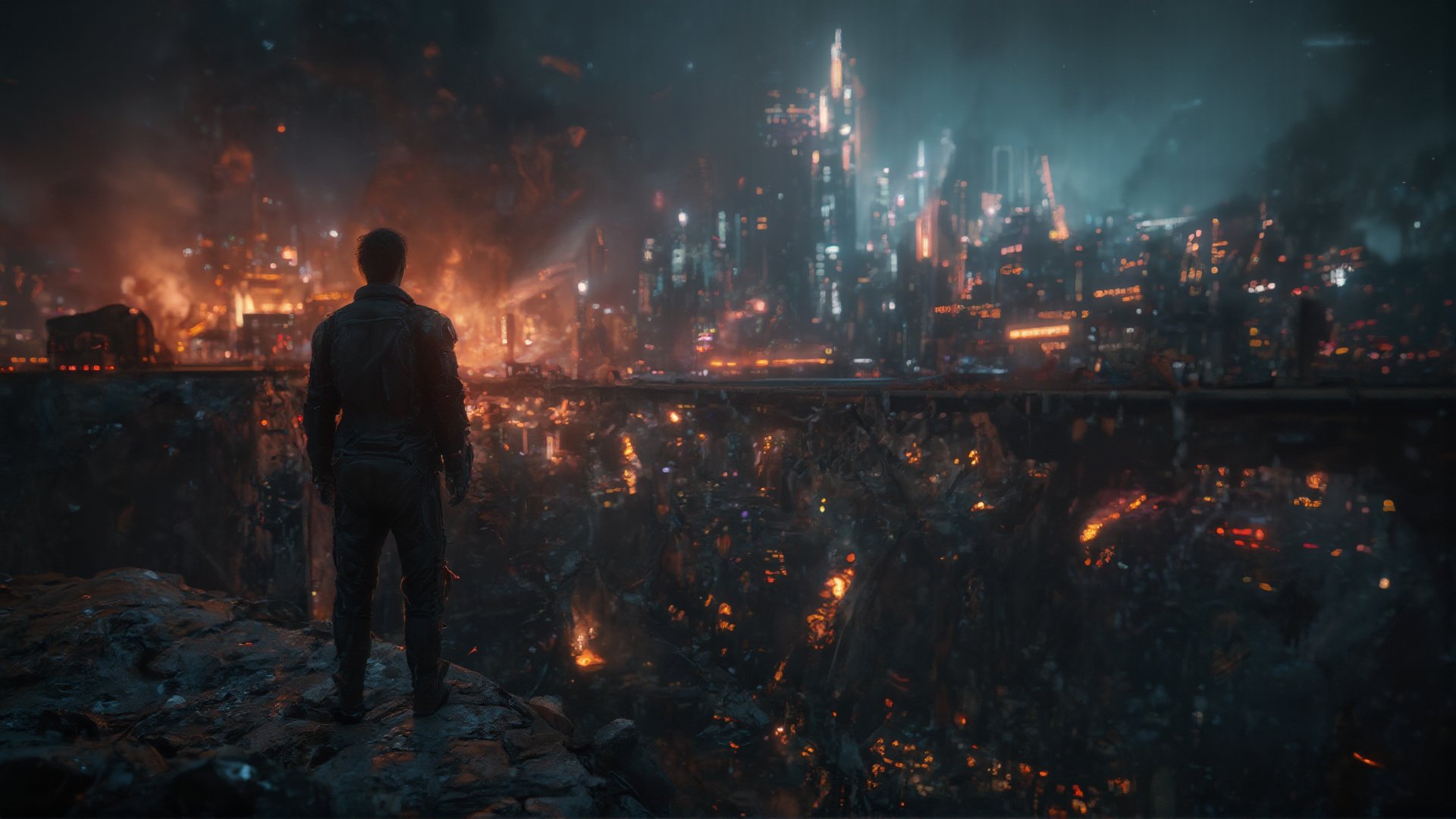 Man standing on a crumbling bridge overlooking a devastated city: In this Christopher Nolan-inspired wide-angle ultra HD 4k shot, a man stands with his back to the camera, looking out over a vast city in ruins. The bridge he is on is cracked and falling apart, pieces of it dangling into a bottomless abyss below. Fires rage in the distance, with smoke billowing into the darkened sky. Buildings in the city have collapsed or are on the verge of crumbling, and the cityscape is lit with eerie, orange glows from the destruction. The man, dressed in dark, tattered clothes, stands still, a lone figure amidst the chaos, as if contemplating the destruction. His silhouette is powerful, casting a long shadow, and the viewer can feel the weight of his presence against the cinematic, post-apocalyptic backdrop. Every detail of the crumbling city and the bridge is brought to life in ultra HD clarity.