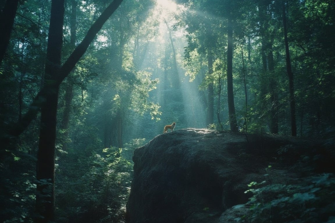 A wide-angle shot captures the untouched beauty of an isolated forest, surrounded by towering trees with rays of sunlight filtering through the canopy, casting an ethereal glow. In the middle, a lone fox stands on a rocky outcrop, its orange fur gleaming against the backdrop of deep greens and soft blues. The camera perspective emphasizes the vastness of nature, with the fox appearing small yet central, symbolizing resilience in the wilderness. The scene feels quiet yet powerful, evoking a sense of solitude and tranquility.