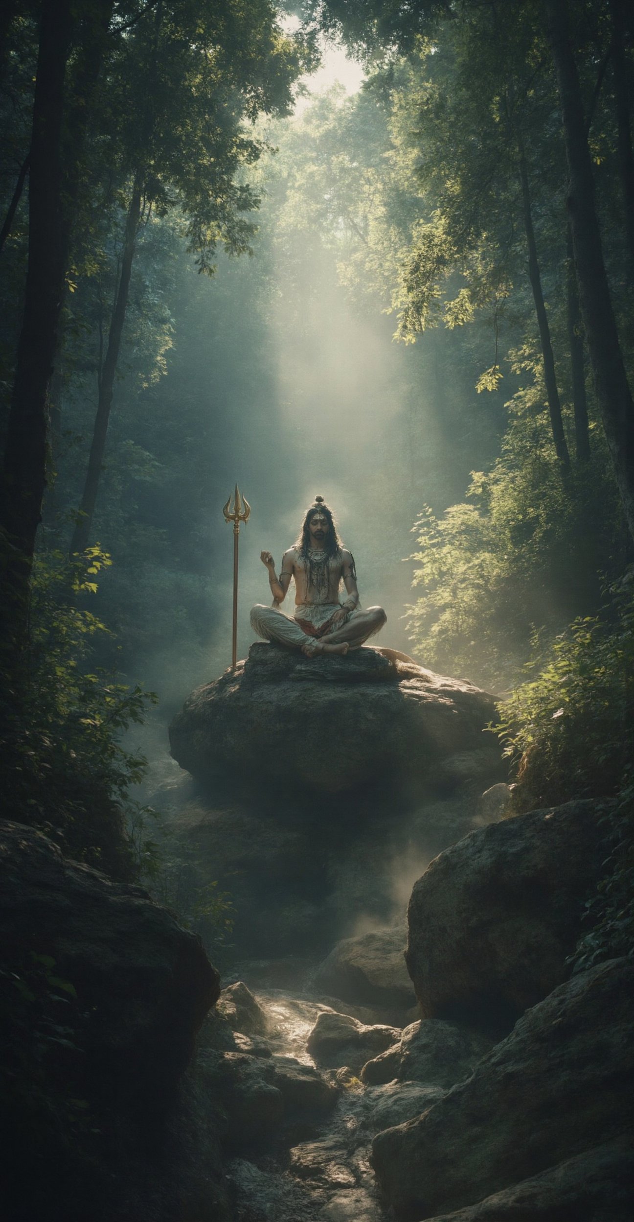 A serene, cinematic depiction of Lord Shiva in nature, blending spirituality with natural beauty. The scene captures Lord Shiva meditating on a large rock amidst a dense forest, with towering trees enveloped in mist and sunlight breaking through the canopy. The lighting is soft, creating a divine aura around Shiva, whose calm expression exudes power and peace. His serpent coiled around his neck, trident resting beside him, adds a majestic element. The image is rendered in ultra 4K HD, with intricate detailing of textures and nature’s raw beauty, reminiscent of a mix of surrealism and realism.