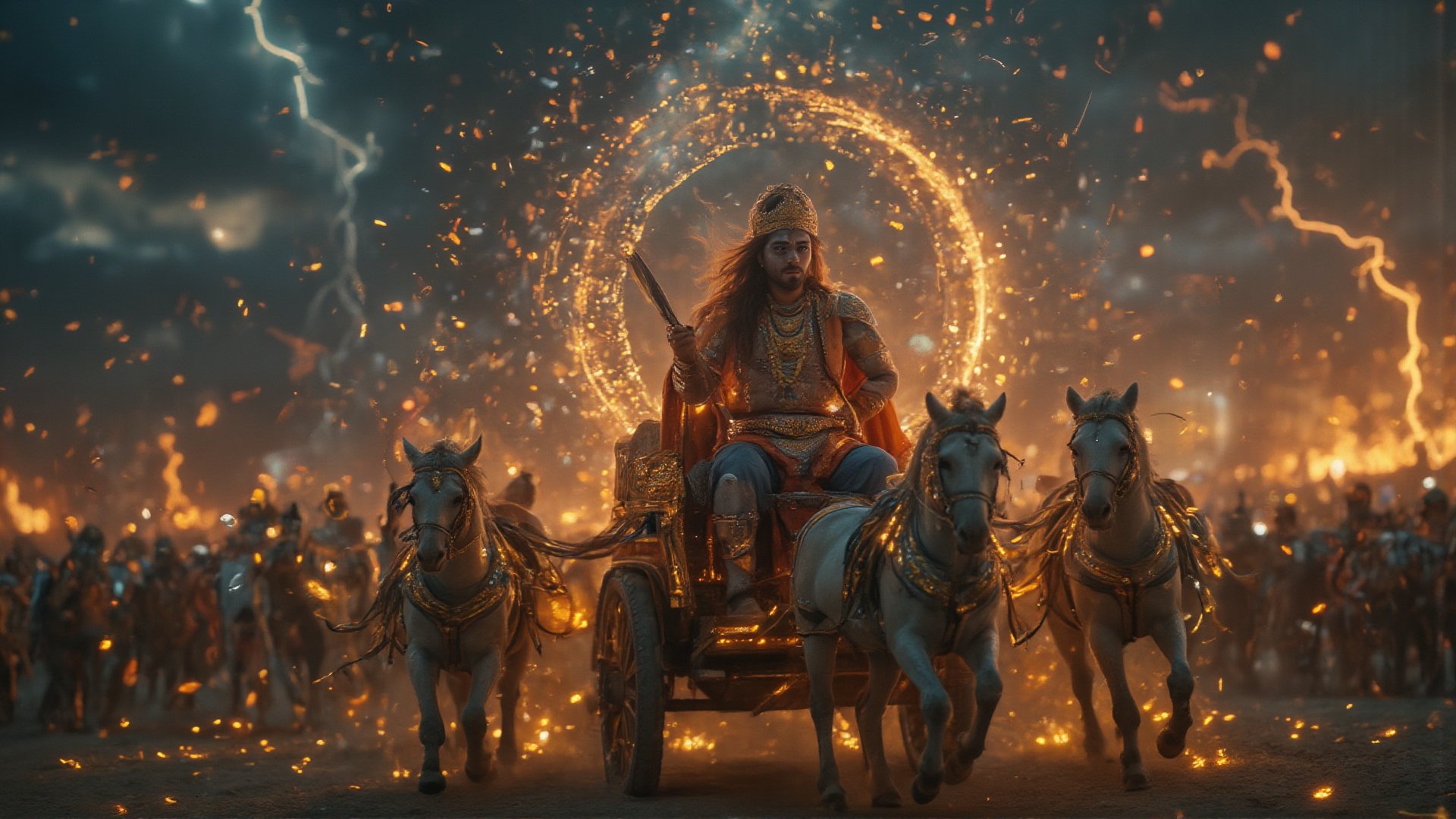 "Create a highly detailed, ultra-HD portrait of **Arjun and Lord Krishna** in the midst of the Mahabharata battlefield, seated together on a grand, golden chariot. The scene should capture the intensity of the **Kurukshetra war**, with a cinematic backdrop of swirling dust, clashing armies, and the distant glow of fires and thunderous clouds filling the sky. **Arjun**, the great warrior, is depicted standing tall at the front of the chariot, his powerful frame holding the divine bow **Gandiva**, with an expression of determination mixed with inner conflict. His armor gleams with intricate detailing, adorned with traditional Indian motifs, reflecting his royal Kshatriya status. His long hair flows in the wind as he prepares to face his destiny. 

Beside him, seated calmly at the reins of the chariot, is **Lord Krishna**, portrayed as his divine charioteer. Krishna's serene expression contrasts with the chaos around them, his radiant blue skin glowing softly with divine energy. He holds the reins of the chariot with one hand, while the other is raised in a gesture of wisdom and reassurance, symbolizing his guidance to Arjun. Krishna's golden crown and silk garments, adorned with jewels and intricate patterns, give off a divine aura, reflecting his celestial nature. 

The horses pulling the chariot are white, galloping with immense speed and strength, their muscles rippling, adding to the dynamic motion of the scene. In the background, the vast battlefield stretches out, filled with warriors, elephants, and war cries, but all fading into insignificance compared to the powerful bond between Arjun and Krishna. Above them, the sky is a dramatic blend of dark clouds, lightning, and cosmic light, hinting at the supernatural forces at play. Krishna’s cosmic presence subtly hints at his divine role as the protector of dharma, while Arjun's stance embodies the warrior grappling with his duty and the profound teachings of the Bhagavad Gita. The entire scene should exude a **cinematic, epic grandeur**, with intricate details capturing the historical and spiritual weight of this moment, presented in 4K ultra-HD resolution, blending traditional Indian aesthetics with modern storytelling."