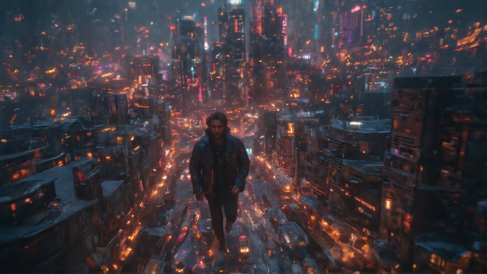 This wide-angle shot follows a man in a frantic chase across the rooftops of a sprawling metropolis, but time around him begins to slow down drastically. As he runs, the world’s movements decelerate—the flapping wings of birds, the falling raindrops, the turning wheels of vehicles—everything except the man. Christopher Nolan's signature use of time distortion is evident, as the man remains in full motion while the world around him seems frozen. The ultra HD 4k quality captures every bead of sweat on his face, the wind catching his coat, and the reflections in the slow-motion raindrops as they hang in the air. The city’s architecture, illuminated by neon lights, creates a futuristic yet grounded setting, with the chase blending high tension with a dreamlike manipulation of time.