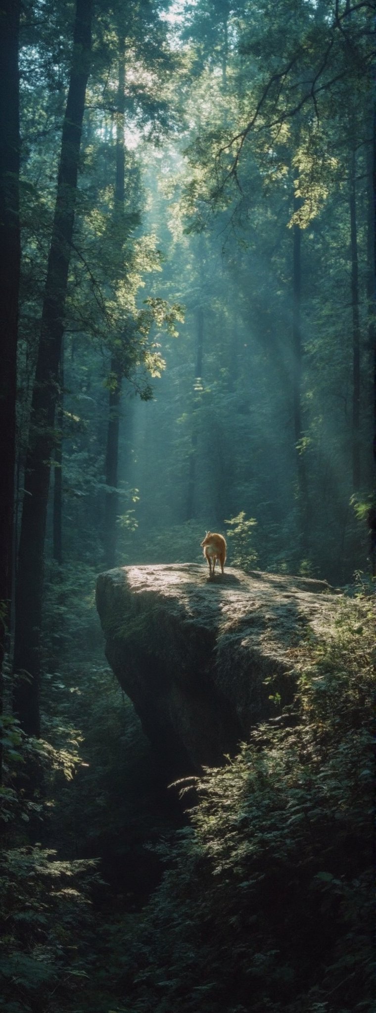 A wide-angle shot captures the untouched beauty of an isolated forest, surrounded by towering trees with rays of sunlight filtering through the canopy, casting an ethereal glow. In the middle, a lone fox stands on a rocky outcrop, its orange fur gleaming against the backdrop of deep greens and soft blues. The camera perspective emphasizes the vastness of nature, with the fox appearing small yet central, symbolizing resilience in the wilderness. The scene feels quiet yet powerful, evoking a sense of solitude and tranquility.