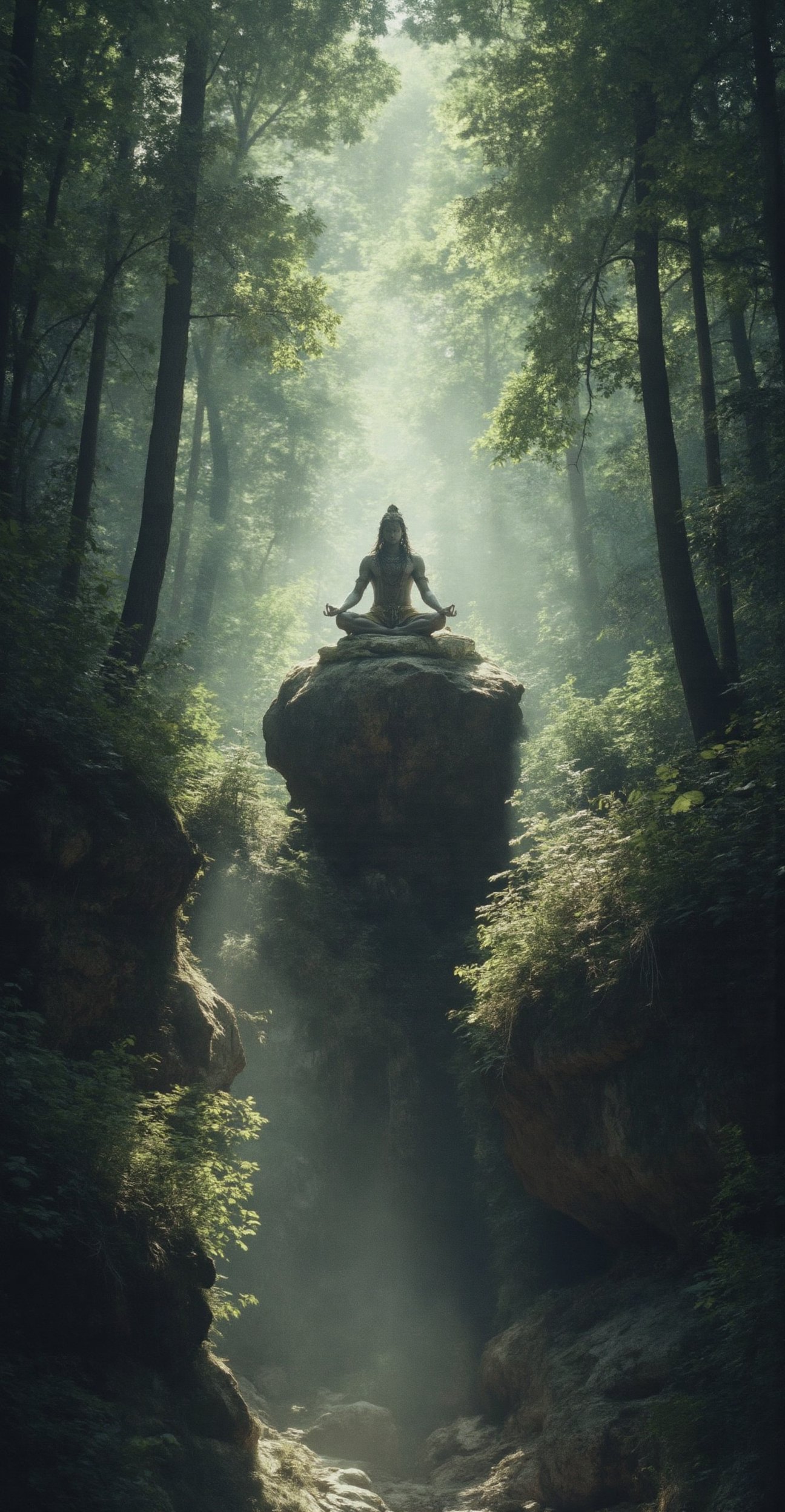 A serene, cinematic depiction of Lord Shiva in nature, blending spirituality with natural beauty. The scene captures Lord Shiva meditating on a large rock amidst a dense forest, with towering trees enveloped in mist and sunlight breaking through the canopy. The lighting is soft, creating a divine aura around Shiva, whose calm expression exudes power and peace. His serpent coiled around his neck, trident resting beside him, adds a majestic element. The image is rendered in ultra 4K HD, with intricate detailing of textures and nature’s raw beauty, reminiscent of a mix of surrealism and realism.