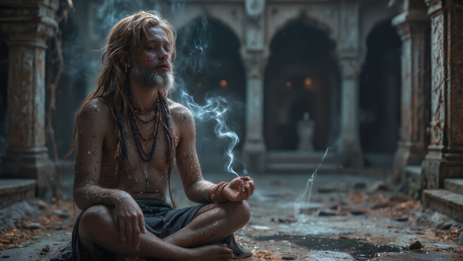 A solitary Indian sadhu sits cross-legged, his body smeared with ash (bhasm) that highlights his intense, meditative presence. He wears a garland of rudraksha beads around his neck, their earthy tones contrasting against the pale ash on his skin. His eyes are closed in deep contemplation, and his long, unkempt hair falls over his shoulders. Surrounding him is a thin veil of smoke, rising from an incense or small sacred fire nearby, giving the scene an ethereal, mystical quality. The atmosphere is heavy with stillness, interrupted only by the soft curls of smoke that weave through the air. In the background looms an ancient, abandoned haveli, its crumbling walls and intricate, faded carvings telling stories of a forgotten era. The haveli, with its weathered stone and overgrown vines, adds a haunting, timeless backdrop to the sadhu’s presence, symbolizing the contrast between worldly decay and spiritual transcendence. The composition focuses on the sadhu’s serenity, framed by the eerie silence of the deserted mansion, creating a cinematic, almost otherworldly visual experience.