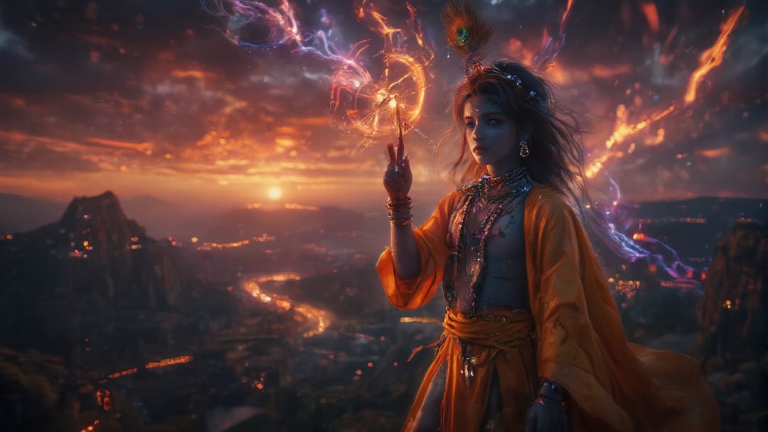 In a Christopher Nolan-inspired epic shot, the scene opens with a vast, sweeping view of a battlefield at dusk, the sky painted in dramatic shades of deep purple and fiery orange. The extreme wide-angle captures the vastness of the land, with distant hills and rivers shimmering in the fading light. In the heart of this cinematic landscape stands Lord Krishna, his divine form glowing in the soft, fading sunlight. He is depicted mid-action, one hand raised in a gesture of divine counsel, his expression calm but commanding, exuding both wisdom and power. His blue skin radiates against the golden hues of his flowing yellow silk garments, which move subtly in the wind. In his other hand, the Sudarshan Chakra hovers, ready to strike with deadly precision, glowing with an ethereal light that pierces the twilight air. The cinematic lighting is masterful, casting dramatic highlights across Krishna’s face, accentuating the fine details of his crown adorned with peacock feathers and the calm intensity in his eyes. The camera smoothly transitions from this grand, wide-angle shot to an intimate portrait of Krishna, zooming in on his serene yet determined expression. His eyes reflect the balance of divine justice and compassion as he stands in the stillness before the storm, surrounded by an aura of light, perfectly capturing the tension and beauty of the moment. The scene blends Nolan’s signature high-stakes drama with a deeply spiritual atmosphere, creating an unforgettable cinematic moment.