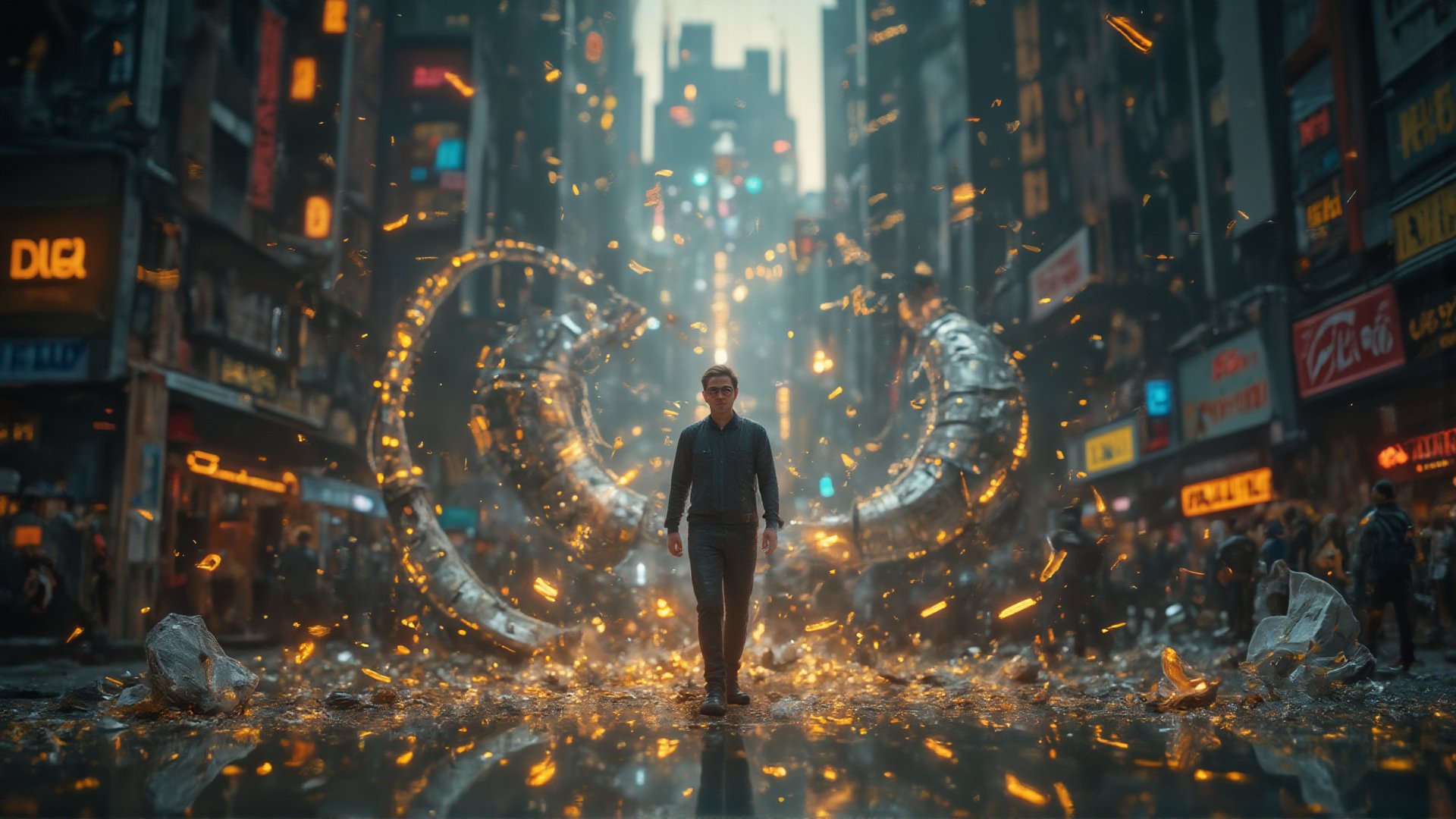 In a Christopher Nolan-style ultra HD 4k shot, a man strides forward, calmly walking through a surreal cityscape that is crumbling and folding in on itself. Skyscrapers twist, bend, and shatter around him in slow motion, yet he remains undisturbed, his focus unwavering. The ground beneath him ripples, with streets breaking apart and rising into the sky. The camera captures the man's steady pace in contrast to the chaotic, mind-bending surroundings, emphasizing his control within the collapsing dream world. Light bends and refracts as buildings distort, creating a visually stunning, intricate environment of destruction and surrealism. Dust, debris, and shattered glass float gently around him, every fragment captured in vivid 4k detail. The man’s expression is calm, perhaps in control of the destruction, adding layers of mystery and intensity to the scene.