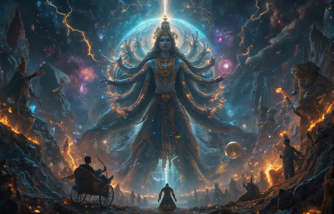 "Create an awe-inspiring, ultra-detailed portrait of **Lord Krishna's Vishvaroop** as depicted in the Bhagavad Gita during the Mahabharata war. Krishna is shown in his cosmic, all-encompassing form, with countless heads, eyes, and limbs radiating divine energy in all directions. His form should be vast and infinite, stretching beyond the confines of the image to represent the entirety of the universe. Multiple faces should reflect various emotions—compassion, anger, tranquility, and power—each face glowing with divine brilliance. His skin is radiant, shimmering with hues of blue and gold, symbolizing eternity and the boundless nature of the cosmos. Surrounding Krishna, there should be celestial beings, sages, gods, and goddesses, who are both in awe and reverence of his immense power. The background is a swirling, cosmic expanse filled with galaxies, stars, and nebulae, blending the infinite time and space. You can see elements of creation and destruction—planets being formed and others collapsing—illustrating his role as the creator, sustainer, and destroyer. In one hand, Krishna holds a mighty discus (Sudharshan Chakra) spinning with tremendous speed, symbolizing the cycle of life and death. His other hands hold various divine weapons and sacred symbols, emphasizing his role as the protector of dharma. The scene is illuminated by a supernatural glow, with lightning bolts striking around him, as if the very fabric of reality is bending to his will. Arjun, seated in his chariot in the foreground, looks up at Krishna with awe and fear, his bow Gandiva lowered in surrender, reflecting his humility and realization of the divine truth. This portrait should convey a sense of overwhelming power, divinity, and the incomprehensible nature of the universe, captured in an intricate, cinematic style with ultra-HD, 4K resolution, blending ancient Indian traditional art with modern cosmic aesthetics."