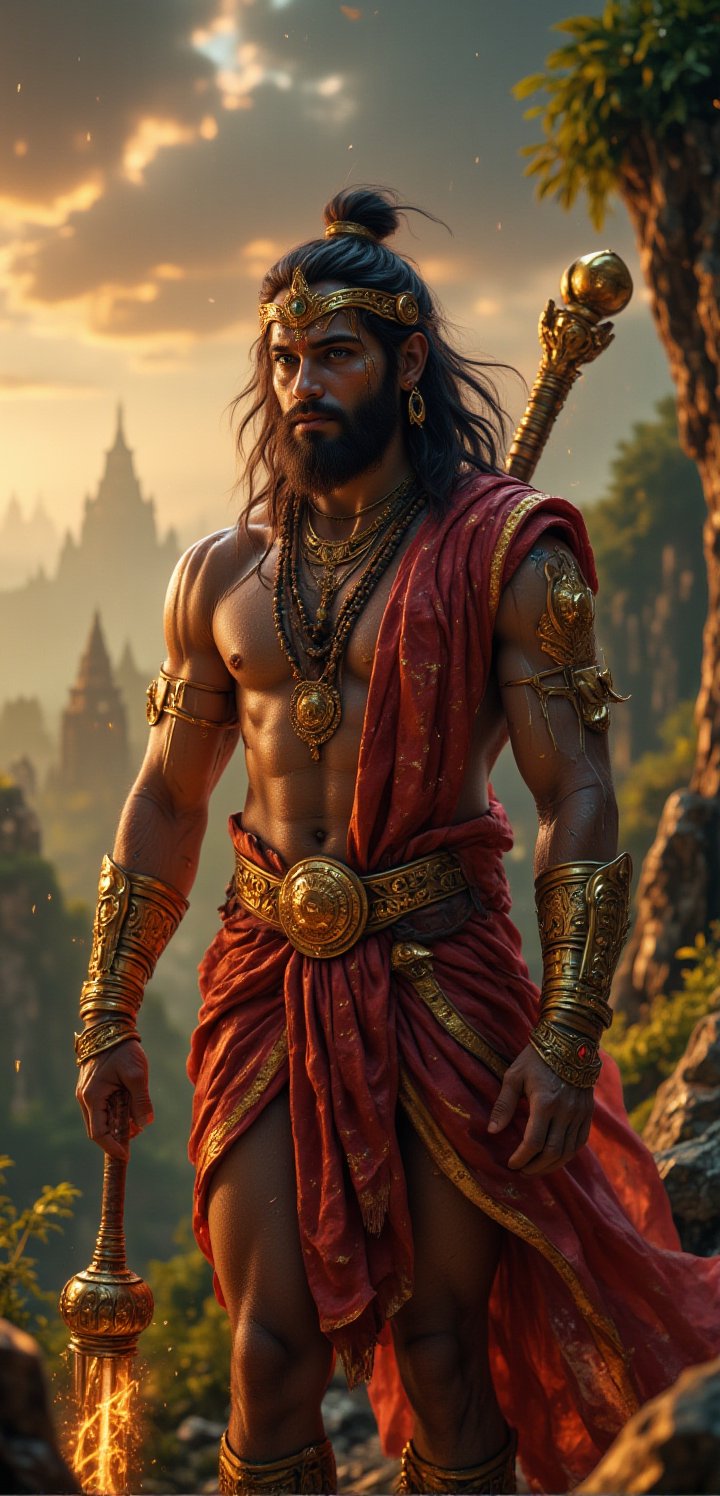 In this **ultra HD 4K** portrait, **Lord Hanuman** is depicted in a strong, traditional **Indian pose**, embodying loyalty, strength, and devotion. Hanuman, a powerful **monkey-god**, stands tall with his muscular, well-defined body exuding divine energy. His broad chest and powerful arms are adorned with sacred **Rudraksha malas** and golden armbands, symbolizing his immense strength and devotion. His skin is a divine golden hue, and his expressive face is both fierce and compassionate, crowned with a traditional **mukut** (crown). His eyes, filled with unwavering devotion, are fixed forward, reflecting his eternal loyalty to Lord Ram. His face is calm yet resolute, with an aura of spiritual grace.

Hanuman’s tail curls upward behind him, adding to his powerful stance, while in his right hand, he holds a large, intricately designed **gada** (mace), glowing with divine energy. His **dhoti**, made of fine red silk with gold trim, wraps around his waist, and a sacred thread runs across his broad chest. The details of his attire are rich in traditional Indian craftsmanship, with golden accents and jewels reflecting his divine status. His posture is upright and heroic, exuding the strength of a protector.

The background is a vast **Indian forest landscape**, symbolizing his adventures and deep connection to nature. In the distance, the sky is filled with soft, golden light, and faint traces of ancient temples can be seen, evoking the ambiance of **ancient India**. The intricate details of Hanuman’s mace, attire, and facial expressions are rendered in stunning 4K resolution, highlighting every fine detail of his divine form. This portrait captures the essence of **Hanuman**, blending **Indian tradition** with his divine role as the ultimate symbol of devotion and strength.