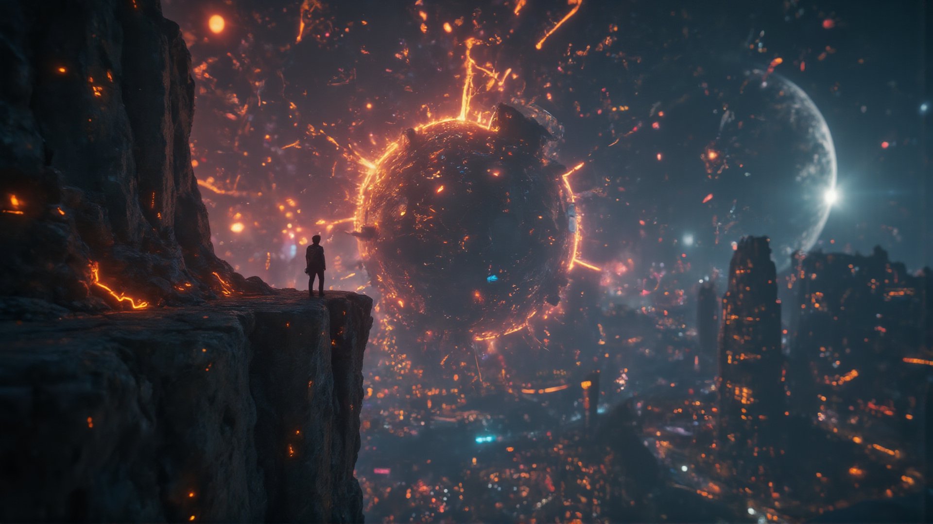 The scene opens with a wide, panoramic shot of a lone man standing at the precipice of an enormous cliff, gazing down at a planet that has been shattered into colossal fragments. Massive chunks of the planet's crust float in space, connected by glowing energy streams. The man is a silhouette against this overwhelming cosmic backdrop, his figure dwarfed by the sheer scale of destruction. Christopher Nolan’s cinematic influence is felt in the vastness of the scene, with sweeping camera movements showcasing the fractured landscape. The details are ultra HD 4k, allowing every crack in the floating debris and every pulse of energy between the planet’s fragments to be clearly visible. The shot is both epic and intimate, conveying a sense of awe and dread as the man stands alone, contemplating the remains of a once-thriving world.