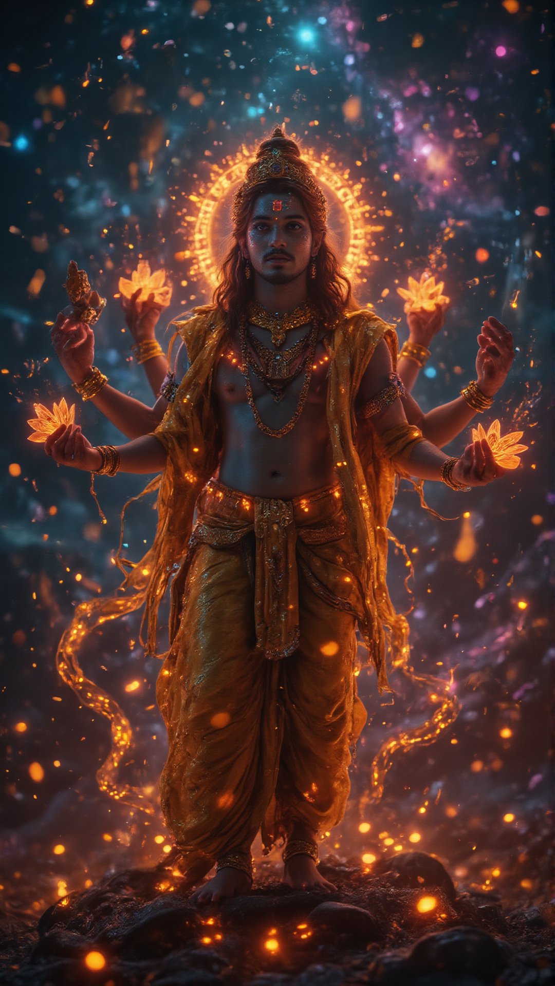 "Create an ultra-HD, highly detailed **horizontal portrayal of Lord Vishnu** in his **Chaturbhuj (four-armed) form**, with his serene and divine expression at the center of the composition. Vishnu, the preserver and protector of the universe, is depicted with a calm, benevolent face, radiating peace and divinity. His skin is a deep, cosmic blue, representing the infinite nature of the universe, and his eyes are soft yet full of wisdom, symbolizing his eternal vigilance over the cosmos. His crown, intricately detailed, shines with celestial gems, symbolizing his supreme authority over all creation.

In his four arms, each hand holds a significant object that represents his divine powers: the **Shankha (conch)** in his upper left hand, representing the primordial sound of creation, is glowing softly as if resonating through the cosmos. The **Sudarshana Chakra (discus)** in his upper right hand spins subtly, emitting radiant light that symbolizes the destruction of evil and the protection of righteousness. His lower right hand holds a **Gada (mace)**, its intricate designs symbolizing strength and power, ready to crush any forces of adharma (injustice). Finally, in his lower left hand, he holds the **Padma (lotus)**, a symbol of purity and spiritual liberation, the petals gently unfurling as if floating in the cosmic expanse.

The background of the image is a swirling, dynamic blend of **cosmic elements**, with nebulae, stars, and galaxies swirling around Vishnu, highlighting his role as the protector of the universe. The **Garuda**, Vishnu’s eagle mount, is faintly visible in the background, soaring through the stars, ready to carry his lord at a moment’s notice. Behind Vishnu, a soft golden aura emanates, blending seamlessly with the cosmic background, symbolizing his divine presence that pervades all of existence.

Vishnu’s attire is traditional, with a **rich golden dhoti**, intricately patterned and flowing gracefully in the cosmic wind. His body is adorned with celestial jewelry: bracelets, armlets, and a radiant necklace of **kaustubha gems** glowing with divine energy. Around his neck, the **Vaijayanti garland** of sacred flowers flows, adding a touch of earthly beauty to his celestial form. His **serpent Shesha**, with multiple heads, curls protectively behind him, its scales shimmering with cosmic light, symbolizing both infinite time and protection.

Each of Vishnu’s four hands is posed in a **balanced, graceful gesture**, showcasing his powers of creation, protection, and preservation. His serene face remains the central focus, with every detail—from the subtle curve of his lips to the divine glow in his eyes—capturing his role as the eternal preserver of the universe.

The **cinematic background** enhances the grandeur of Vishnu, with swirling clouds of stardust and vibrant hues of deep blues, purples, and golds representing the boundless universe he watches over. Soft rays of golden light cut through the cosmic backdrop, illuminating Vishnu’s form and casting a divine glow around him. The universe itself seems to pulse with life and energy, a visual representation of the cosmic cycle of creation, preservation, and destruction that Vishnu governs.

This **4K ultra-HD horizontal portrait** captures the majesty and divine power of Lord Vishnu in his **Chaturbhuj form**, blending **Indian mythology** with a **cinematic visual style**. Every aspect of Vishnu, from his serene face to his powerful weapons, is rendered in breathtaking detail, creating an awe-inspiring visual that conveys his eternal role as the protector and sustainer of the cosmos."