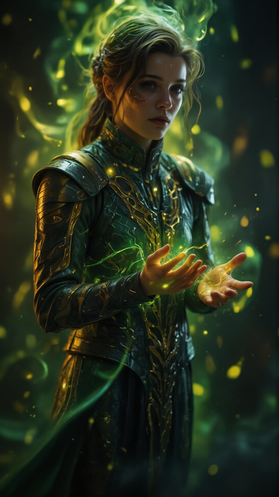 Create a cinematic ultra-HD portrait of a **mysterious, dark figure resembling a god of mischief** enveloped in swirling, ethereal **green and yellow mist**. The figure, wearing an intricate **dark green and black armor** with golden accents and detailed shoulder plates, stands with a focused, serene expression, exuding an aura of power and mystique. His face is slightly illuminated by the glowing **green energy** that he is conjuring in his hands, casting soft reflections on his **pale skin**. His **dark hair** flows back, almost blending with the smoky, dreamlike atmosphere surrounding him, giving him a magical, otherworldly appearance.

The **armor's metallic sheen** subtly catches the low light, emphasizing the fine craftsmanship of its design. His hands, positioned as if shaping energy, are at the center of the composition, with delicate, glowing **energy orbs** forming between his fingers, emitting a soft, swirling luminescence that further adds to the mystical ambiance.

In the background, a **smoky, green haze** floats around him, creating a layered, surreal environment that enhances the magical atmosphere. The entire scene is infused with a sense of mystery and impending action, with swirling energy and vapor that moves as if alive, encapsulating the figure in its chaotic, yet controlled, flow. The cinematic depth of the image, with vibrant glowing elements against darker tones, reflects both his **calm demeanor** and his **underlying power**, capturing the essence of a manipulative yet powerful character who commands both **physical and mystical realms** with finesse.