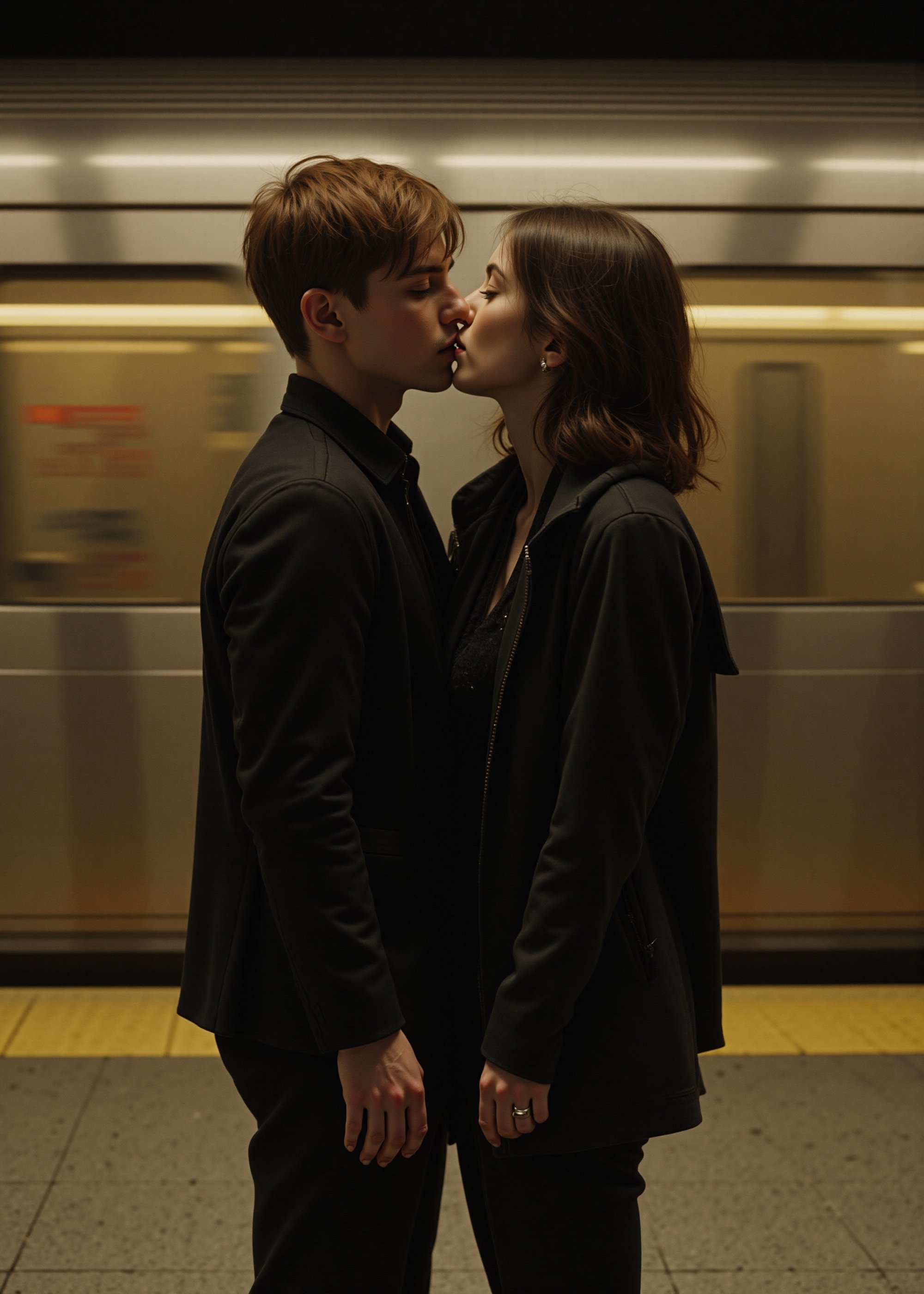 Create a cinematic, intimate moment of a couple sharing a kiss on a subway platform. The couple should be young, with one person having short, reddish-brown hair and wearing dark clothing, and the other with wavy, shoulder-length brown hair, wearing a loose jacket over a dark outfit. The setting features a subway train speeding by in the background, with the blurred motion contrasting the stillness of the couple. The lighting is dim, with a warm, yellowish glow reflecting off the train, creating a moody, romantic atmosphere. The overall image evokes a sense of connection amidst the urban hustle, with soft, tender emotions at the forefront.