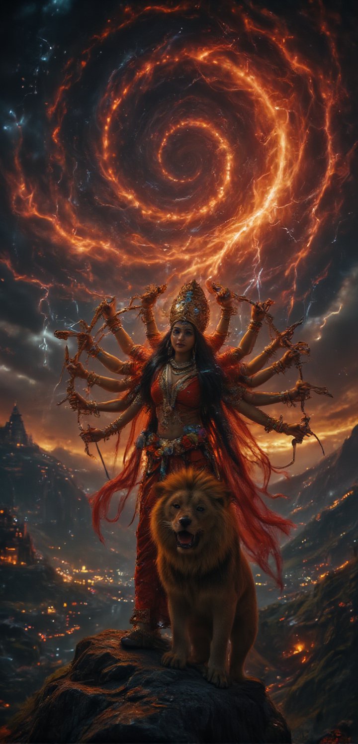 In this **cinematic ultra HD 4K** portrait, **Maa Durga** is depicted in her fierce yet graceful divine form, embodying strength, power, and protection. Her powerful, radiant figure stands tall and commanding, dressed in a vibrant, traditional **red saree** adorned with intricate golden embroidery. Her eight arms, each holding a symbolic weapon – the **trishul** (trident), **chakra**, **sword**, and **bow** – showcase her readiness to battle evil and protect the righteous. Her face, calm yet fierce, is framed by her flowing dark hair, and her eyes burn with divine intensity, reflecting both compassion and the power to destroy evil.

**Maa Durga's** golden **mukut** (crown) gleams atop her head, signifying her royal and divine status. Her neck is adorned with heavy, intricately designed gold jewelry, and she wears bangles, anklets, and other traditional ornaments that reflect her royal stature. Around her neck rests a **garland of flowers**, symbolizing purity and devotion. Her divine lion, powerful and majestic, stands beside her, roaring with fierce loyalty, emphasizing her role as the **protector of the universe**.

The background is an expansive, cinematic view of a **cosmic battlefield**, with stormy skies swirling in shades of crimson and gold, symbolizing the intensity of the cosmic war between good and evil. Lightning crackles across the sky, while the landscape below shows ancient Indian temples and sacred mountains, creating a dynamic and intense environment. The entire scene, from **Maa Durga's fierce expression** to the intricate detailing of her weapons and attire, is rendered in stunning **4K detail**, capturing the power, grace, and divine essence of the **warrior goddess**, with the **Indian cultural essence** seamlessly blending with the cinematic grandeur.