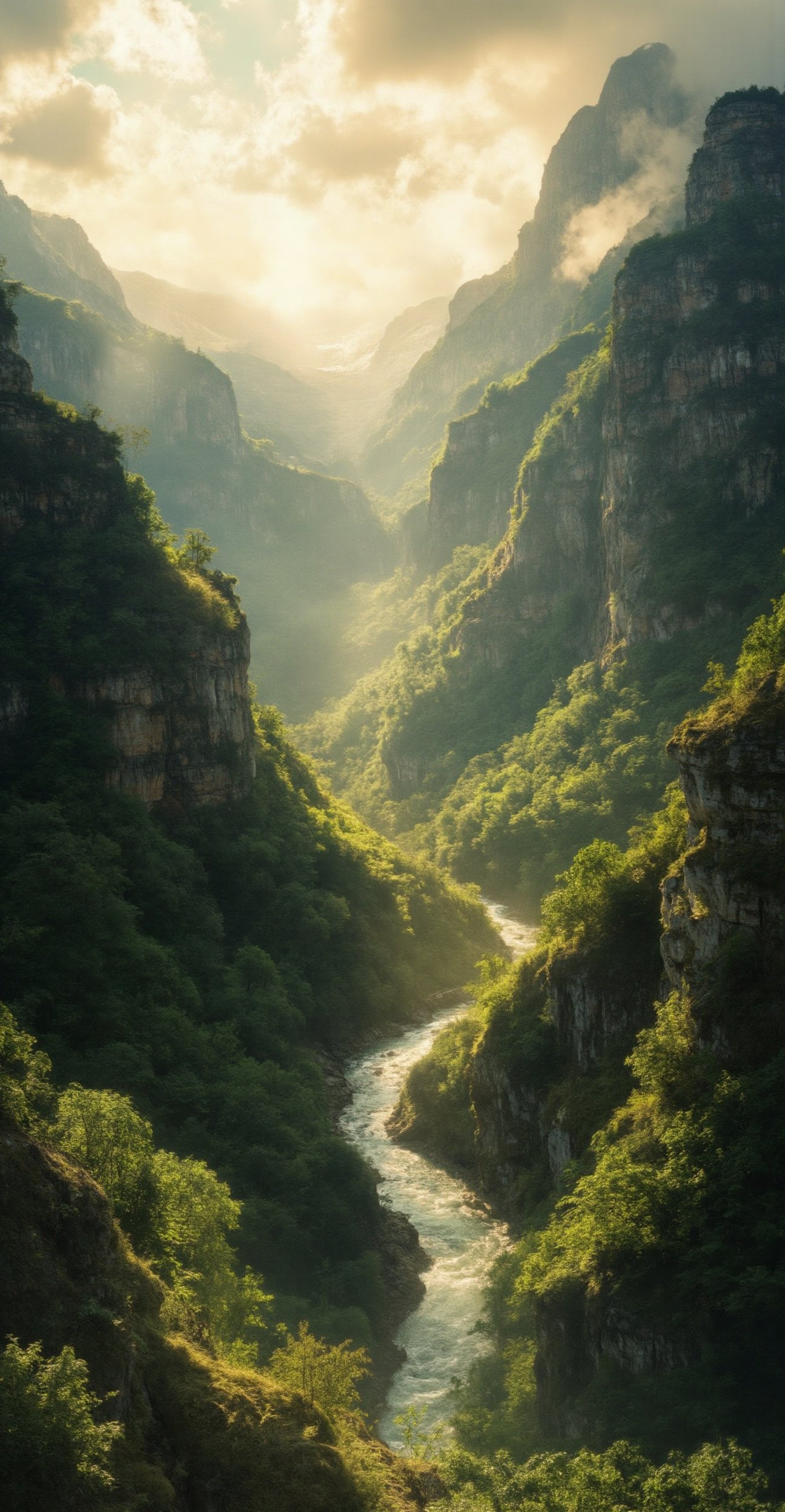 A wide, ultra 4K HD wallpaper showcases a breathtaking, untouched natural landscape. Rolling hills blend into towering, majestic mountains, with a serene river winding through the valley. The foreground is rich with vibrant green foliage, while the background shows mist clinging to the distant peaks. The sky is a dynamic blend of soft clouds and golden sunlight, casting a warm glow across the scene. The beauty of the wilderness is captured in all its untouched splendor, evoking a sense of peace and awe at nature’s magnificence.