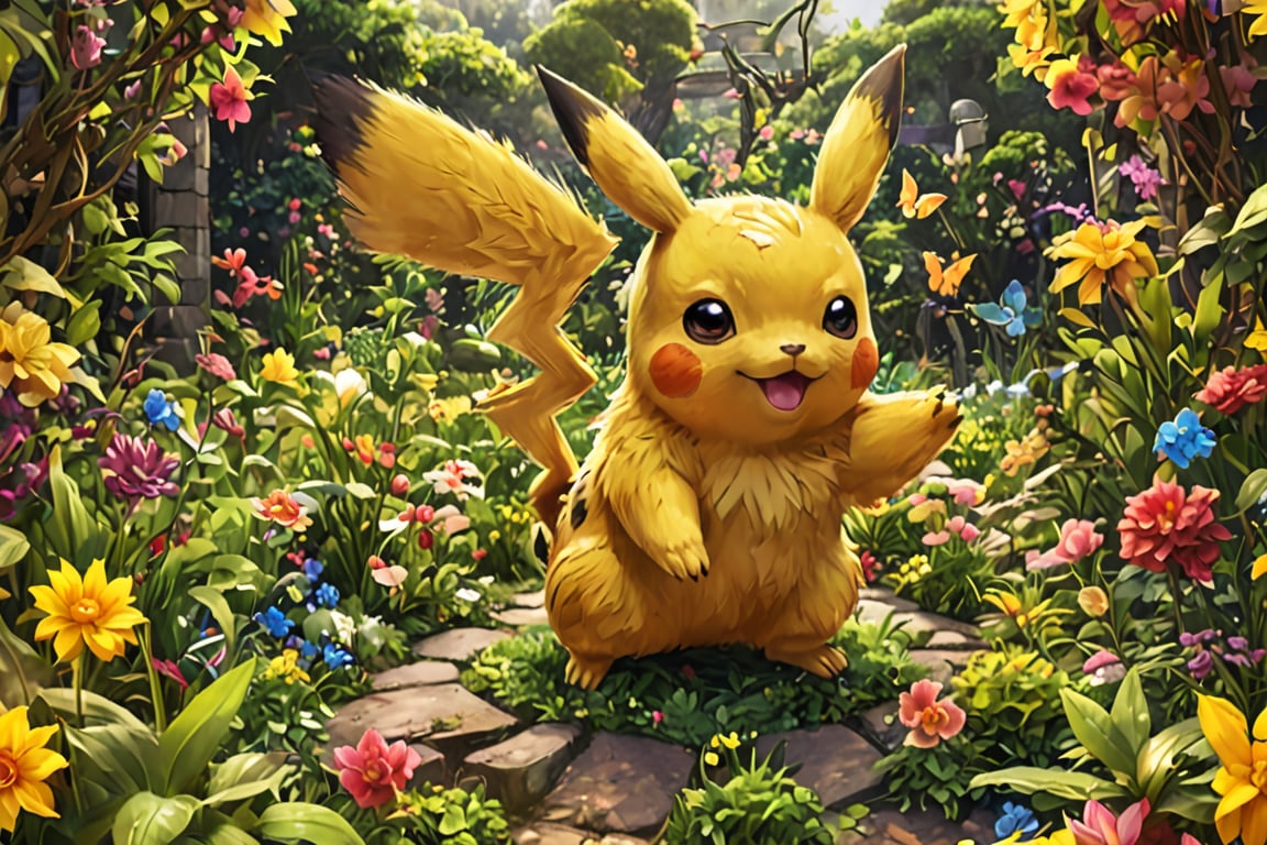 (extremely detailed 8k wallpaper), a medium full body photo of Pikachu of pokemon,intricate, highly detailed, dramatic, playing on a garden