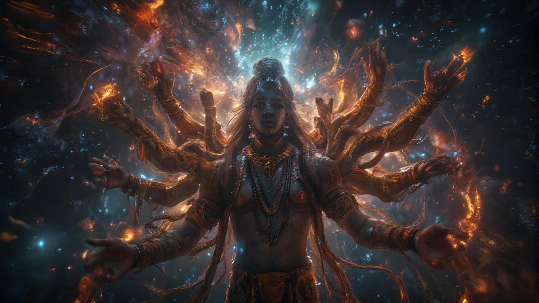 In a striking Christopher Nolan-inspired shot, the scene unfolds in an expansive cosmic realm, filled with swirling galaxies and radiant stars. Lord Vishnu appears in his cosmic form, a powerful male figure with countless arms extending outwards, each hand holding divine symbols. The extreme wide-angle captures the enormity of his presence against the backdrop of the universe, emphasizing the depth and vastness of space. The lighting is ethereal, with stars twinkling like diamonds against the dark void, casting a celestial glow around Vishnu. His face, calm and majestic, exudes divine authority, reflecting the weight of the cosmos upon his shoulders. As the camera zooms in, it highlights the intricate details of his attire, adorned with jewels and golden ornaments, revealing the essence of a timeless protector of dharma. This shot encapsulates the magnificence and omnipotence of Vishnu as the male cosmic guardian, blending high-stakes drama with a spiritual essence.

