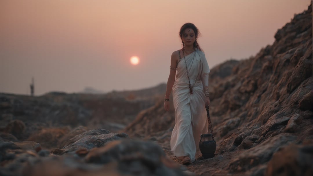 The subject is Maa Brahmacharini, walking with calm determination through a rugged, rocky landscape. Her face is soft, yet resolute, with deep, meditative eyes and a simple bindi on her forehead. She is draped in a plain white saree, symbolizing purity and devotion, with the ends gently flowing in the breeze. In one hand, she holds a rosary, and in the other, a water pot, symbols of her ascetic penance. The background features a barren, rocky terrain with a faint pink-orange sunset on the horizon, creating a peaceful yet isolated atmosphere. The cinematic style is minimalistic, with a focus on her solitary journey, where each step resonates with quiet strength, similar to the introspective scenes in Nolan’s films.