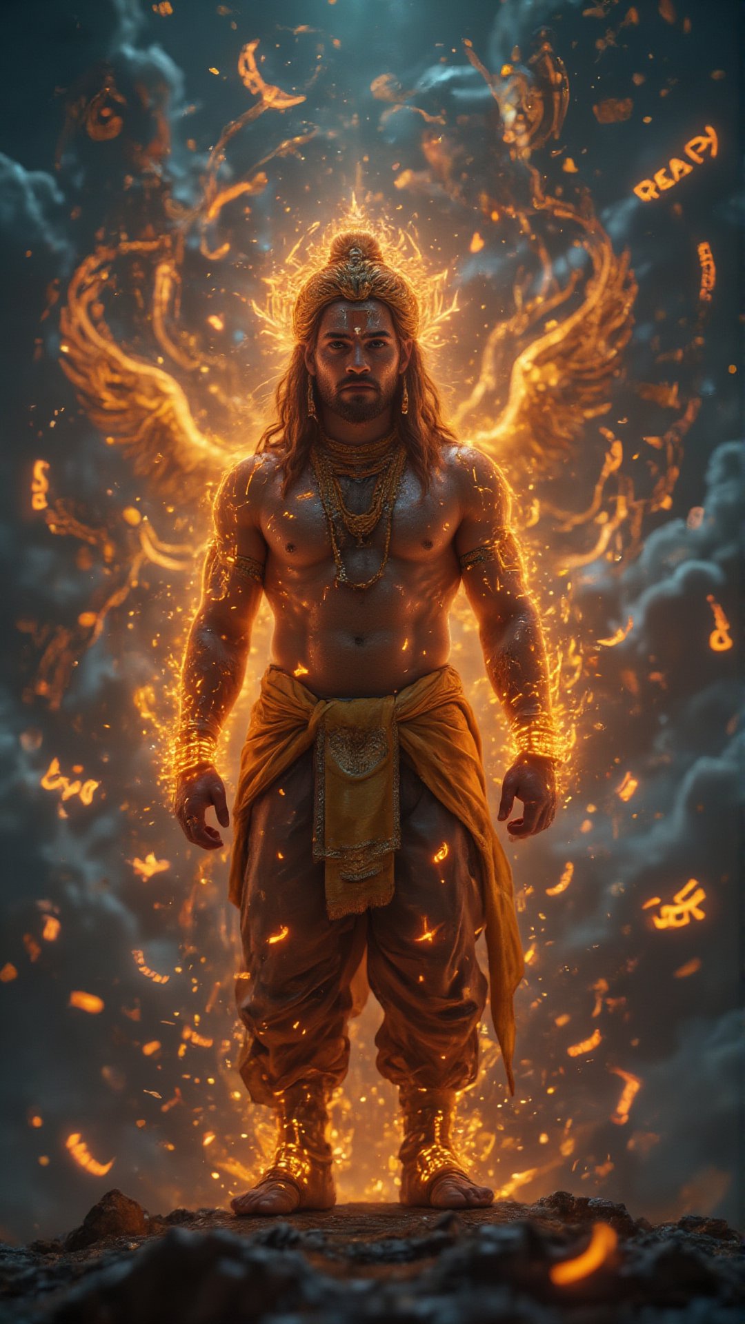 "Create a highly detailed, ultra-HD portrait of **Panchamukhi Hanuman**, showcasing his **five faces** (Hanuman, Narasimha, Garuda, Varaha, Hayagriva), each radiating divine power and wisdom, set against a cinematic backdrop. In this portrait, Hanuman is shown standing in a powerful, heroic pose, exuding strength and divinity. His central face, **Hanuman**, is fierce yet compassionate, with his expressive eyes full of devotion to Lord Rama. The details of his face reveal the texture of his fur, his muscular form glowing with divine energy. Surrounding his main face are the other **four faces**: the fierce **Narasimha** with a lion's mane, symbolizing protection and destruction of evil; **Garuda**, the eagle-faced deity, representing courage and swiftness; **Varaha**, the boar-faced incarnation, embodying strength and rescue; and **Hayagriva**, the horse-headed face, symbolizing knowledge and wisdom.

His broad chest displays the divine symbols of Lord Rama, while his muscular arms hold the **gada (mace)** in one hand, and his other hands display powerful mudras symbolizing strength, protection, and knowledge. Hanuman’s body is adorned with sacred jewelry, intricately detailed with traditional Indian designs, while his waist is wrapped in a golden dhoti that flows dynamically with the wind. His **tail** curls around him, adding motion and fluidity to the scene, while in the background, cosmic flames and light swirl around him, blending the scene with a cosmic, otherworldly atmosphere.

The **cinematic background** should be a dramatic blend of the sky, filled with swirling clouds, golden light, and flashes of divine energy, as if Hanuman is standing at the center of the universe itself. The ground beneath him should crack with the force of his divine power, and in the distance, subtle hints of a **cosmic battlefield** can be seen, with mystical elements swirling around. The entire scene should be bathed in golden light, signifying his eternal connection to Lord Rama, with faint traces of the words "Jai Shri Ram" spreading in the background as divine light. Every detail, from his sacred garb to his flowing fur, should be intricately textured and filled with symbolism, creating a **4K ultra-HD masterpiece**, blending the traditional aesthetics of **Indian mythology** with modern cinematic storytelling, exuding epic grandeur and spiritual strength."