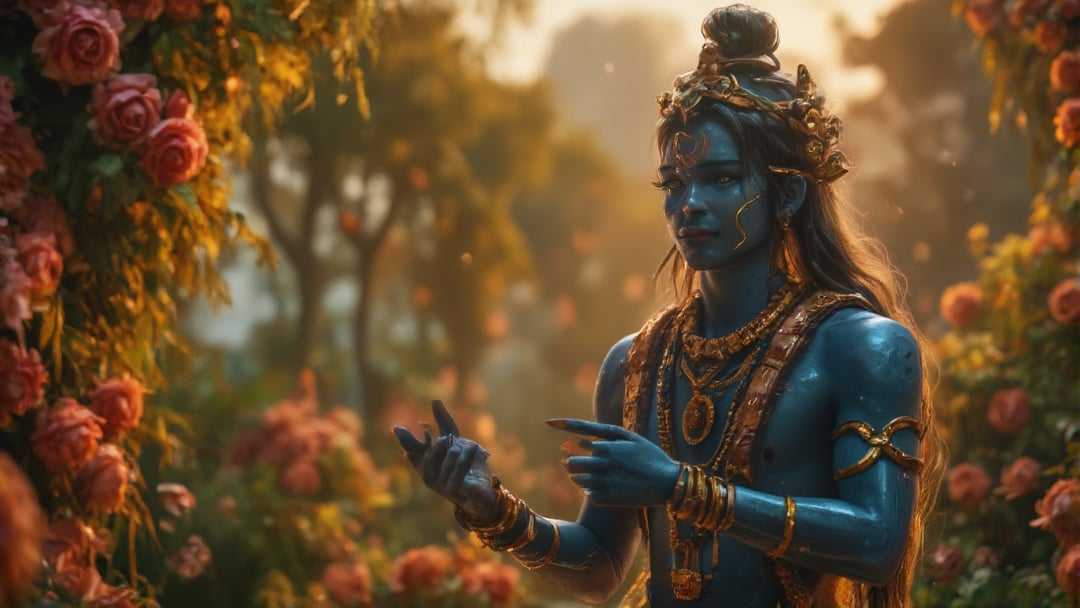 In a serene, cinematic shot, Lord Vishnu is depicted standing gracefully, his body angled slightly as he performs the Abhaya Mudra, symbolizing fearlessness and protection. The setting is a lush garden filled with blooming flowers and soft greenery, creating a tranquil environment. The extreme wide-angle captures the beauty of the surroundings while emphasizing Vishnu’s divine presence as a male figure radiating peace. The lighting is warm and inviting, casting a soft glow around him that enhances his serene expression. Dressed in traditional attire adorned with gold jewelry, Vishnu’s blue skin shines against the vibrant colors of nature. As the camera zooms in, it highlights the kindness in his eyes, reflecting his compassion for all beings and his role as a benevolent protector. This shot beautifully captures the essence of Vishnu as a male deity, embodying grace, strength, and unconditional love.

