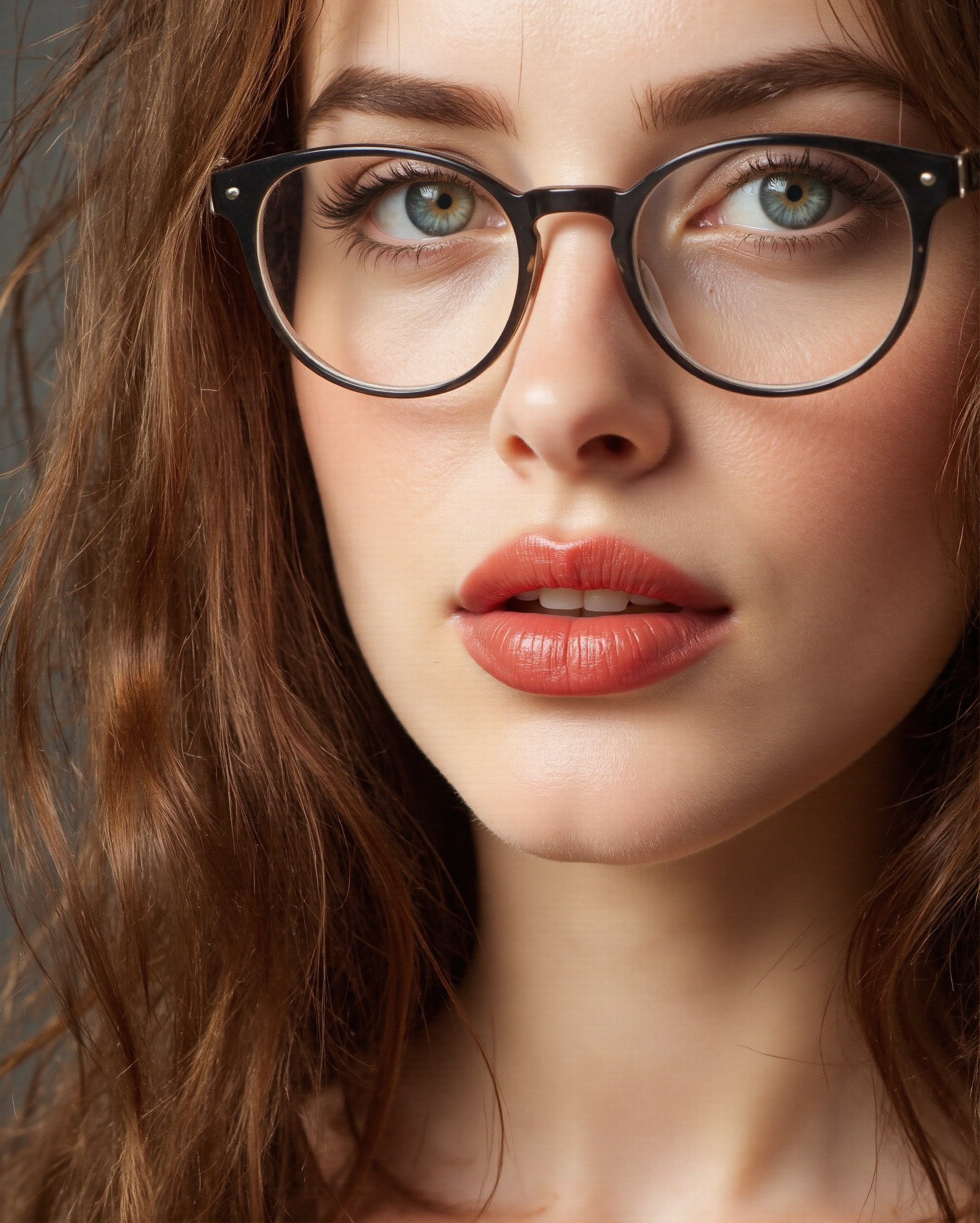 Create a close-up portrait of a woman with soft features and striking blue eyes, wearing large round glasses. Her wavy, shoulder-length brown hair frames her face, and she has perfectly shaped dark eyebrows. The woman’s lips are colored a vibrant red, adding a bold contrast to her fair complexion. The lighting is soft, highlighting her smooth skin and creating a gentle, warm atmosphere. The image should evoke a sense of quiet contemplation, capturing the subtle emotions of thoughtfulness or curiosity in her gaze. The overall aesthetic is polished and slightly artistic.