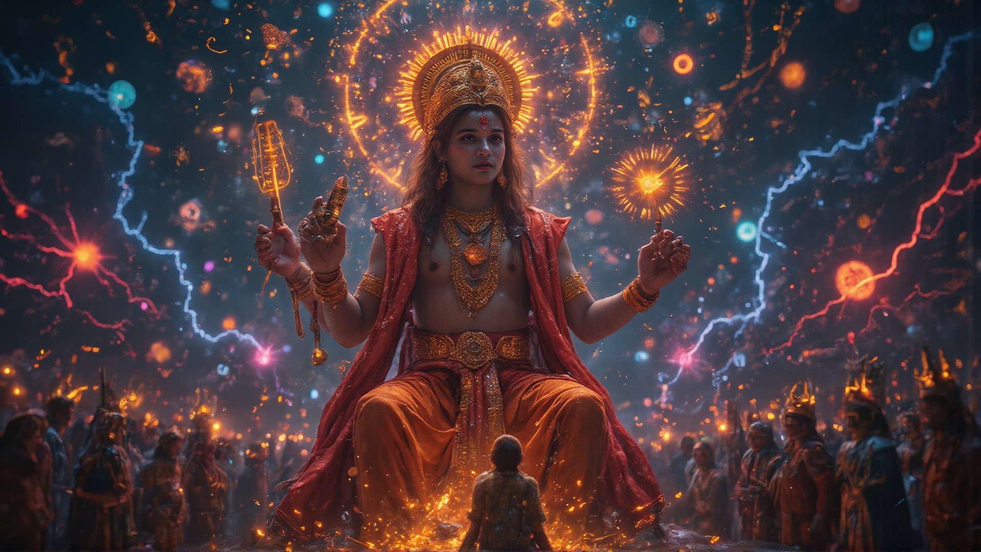 "Create an awe-inspiring, ultra-detailed portrait of **Lord Krishna's Vishvaroop** as depicted in the Bhagavad Gita during the Mahabharata war. Krishna is shown in his cosmic, all-encompassing form, with countless heads, eyes, and limbs radiating divine energy in all directions. His form should be vast and infinite, stretching beyond the confines of the image to represent the entirety of the universe. Multiple faces should reflect various emotions—compassion, anger, tranquility, and power—each face glowing with divine brilliance. His skin is radiant, shimmering with hues of blue and gold, symbolizing eternity and the boundless nature of the cosmos. Surrounding Krishna, there should be celestial beings, sages, gods, and goddesses, who are both in awe and reverence of his immense power. The background is a swirling, cosmic expanse filled with galaxies, stars, and nebulae, blending the infinite time and space. You can see elements of creation and destruction—planets being formed and others collapsing—illustrating his role as the creator, sustainer, and destroyer. In one hand, Krishna holds a mighty discus (Sudharshan Chakra) spinning with tremendous speed, symbolizing the cycle of life and death. His other hands hold various divine weapons and sacred symbols, emphasizing his role as the protector of dharma. The scene is illuminated by a supernatural glow, with lightning bolts striking around him, as if the very fabric of reality is bending to his will. Arjun, seated in his chariot in the foreground, looks up at Krishna with awe and fear, his bow Gandiva lowered in surrender, reflecting his humility and realization of the divine truth. This portrait should convey a sense of overwhelming power, divinity, and the incomprehensible nature of the universe, captured in an intricate, cinematic style with ultra-HD, 4K resolution, blending ancient Indian traditional art with modern cosmic aesthetics."