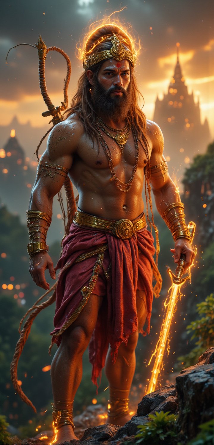 In this **ultra HD 4K** portrait, **Lord Hanuman** is depicted in a strong, traditional **Indian pose**, embodying loyalty, strength, and devotion. Hanuman, a powerful **man-god**, stands tall with his muscular, well-defined body exuding divine energy. His broad chest and powerful arms are adorned with sacred **Rudraksha malas** and golden armbands, symbolizing his immense strength and devotion. His skin is a divine golden hue, and his expressive face is both fierce and compassionate, crowned with a traditional **mukut** (crown). His eyes, filled with unwavering devotion, are fixed forward, reflecting his eternal loyalty to Lord Ram. His face is calm yet resolute, with an aura of spiritual grace.

Hanuman’s tail curls upward behind him, adding to his powerful stance, while in his right hand, he holds a large, intricately designed **gada** (mace), glowing with divine energy. His **dhoti**, made of fine red silk with gold trim, wraps around his waist, and a sacred thread runs across his broad chest. The details of his attire are rich in traditional Indian craftsmanship, with golden accents and jewels reflecting his divine status. His posture is upright and heroic, exuding the strength of a protector.

The background is a vast **Indian forest landscape**, symbolizing his adventures and deep connection to nature. In the distance, the sky is filled with soft, golden light, and faint traces of ancient temples can be seen, evoking the ambiance of **ancient India**. The intricate details of Hanuman’s mace, attire, and facial expressions are rendered in stunning 4K resolution, highlighting every fine detail of his divine form. This portrait captures the essence of **Hanuman**, blending **Indian tradition** with his divine role as the ultimate symbol of devotion and strength.