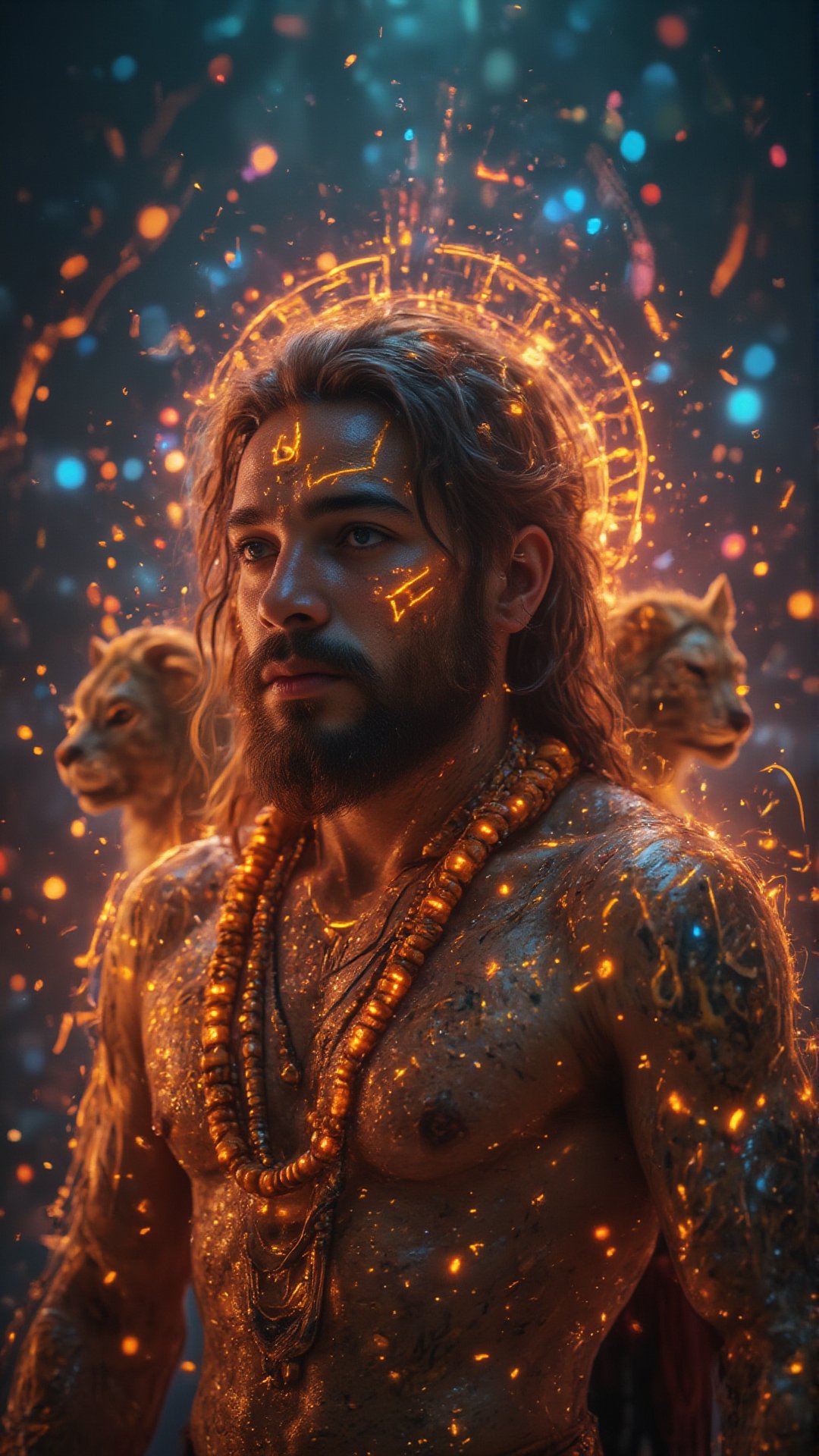 "Create an ultra-HD, highly detailed horizontal portrayal of **Panchamukhi Hanuman**, with all five faces displayed in a perfectly aligned horizontal formation. The central face, **Hanuman**, the monkey-headed divine being, represents his unwavering devotion to Lord Rama, with eyes that burn with a mix of compassion and fiery resolve. His strong fur-covered face is textured with intricate detailing, from the divine sandalwood tilak on his forehead to the deep lines of wisdom and power on his features. Hanuman's expression shows both his protective nature and his ability to crush evil with sheer might.

To Hanuman’s immediate right is the **Narasimha** face, the lion-headed avatar, radiating a fierce protective aura. Narasimha’s wild golden mane flows outward, as if bristling with energy, his sharp fangs and fierce gaze showcasing his readiness to destroy evil forces. The lion face emits raw power, with every hair, snarl, and glowing eye drawn in precise detail. His face alone speaks of his unstoppable rage against injustice and evil.

To Hanuman’s left is the **Garuda** face, an eagle-headed deity symbolizing swiftness and vigilance. Garuda's sharp beak and focused, piercing eyes bring a sense of swift protection and courage. Every feather on Garuda's head is delicately detailed, adding a regal touch to his form. His expression conveys a deep sense of alertness and speed, highlighting Hanuman’s ability to come to the aid of his devotees with unmatched speed.

Next to Garuda on the far left is **Varaha**, the boar-headed form of Vishnu, symbolizing Hanuman’s immense strength and ability to lift the Earth out of destruction. Varaha's muscular snout and prominent tusks are beautifully drawn, with every inch of his rough and powerful head radiating the strength to overcome any obstacle. His fierce eyes and strong jaw exude a raw, primal power, showing Hanuman’s unstoppable strength and resilience.

On the far right, balancing the composition, is **Hayagriva**, the horse-headed deity symbolizing wisdom and knowledge. His smooth and elegant face is meticulously crafted, with a serene expression that radiates deep intellect and spiritual clarity. His flowing mane, expertly detailed, adds a touch of grace and wisdom, and his calm eyes symbolize the power of divine knowledge that Hanuman possesses.

All five faces of Hanuman are intricately aligned in a **horizontal line**, symbolizing unity in diversity, each representing a distinct aspect of Hanuman’s personality and divine power. His **muscular body** is adorned with sacred jewelry, with fine details capturing the glint of gold and the divine energy that emanates from his being. His posture is commanding, with his **gada (mace)** held in one hand, showing his strength as a warrior, and his other hands displaying mudras of protection and blessing, radiating divine light.

The **cinematic background** blends a cosmic universe with swirling nebulae, stardust, and beams of divine light, highlighting Hanuman’s cosmic nature and his role as protector of the universe. The words "Jai Shri Ram" echo in radiant golden script behind him, blending into the fabric of the cosmos, symbolizing his eternal devotion to Lord Rama. The flowing rudraksha beads around his neck, the divine aura emanating from his five faces, and the powerful swirl of cosmic energy in the background create a truly epic scene, capturing the essence of **Panchamukhi Hanuman** in all his divine power and glory.

This **4K ultra-HD horizontal portrait** blends **Indian mythology** with a **cinematic visual style**, capturing the profound might, wisdom, and swiftness of Hanuman in an awe-inspiring horizontal composition that exudes divinity, strength, and cosmic energy."