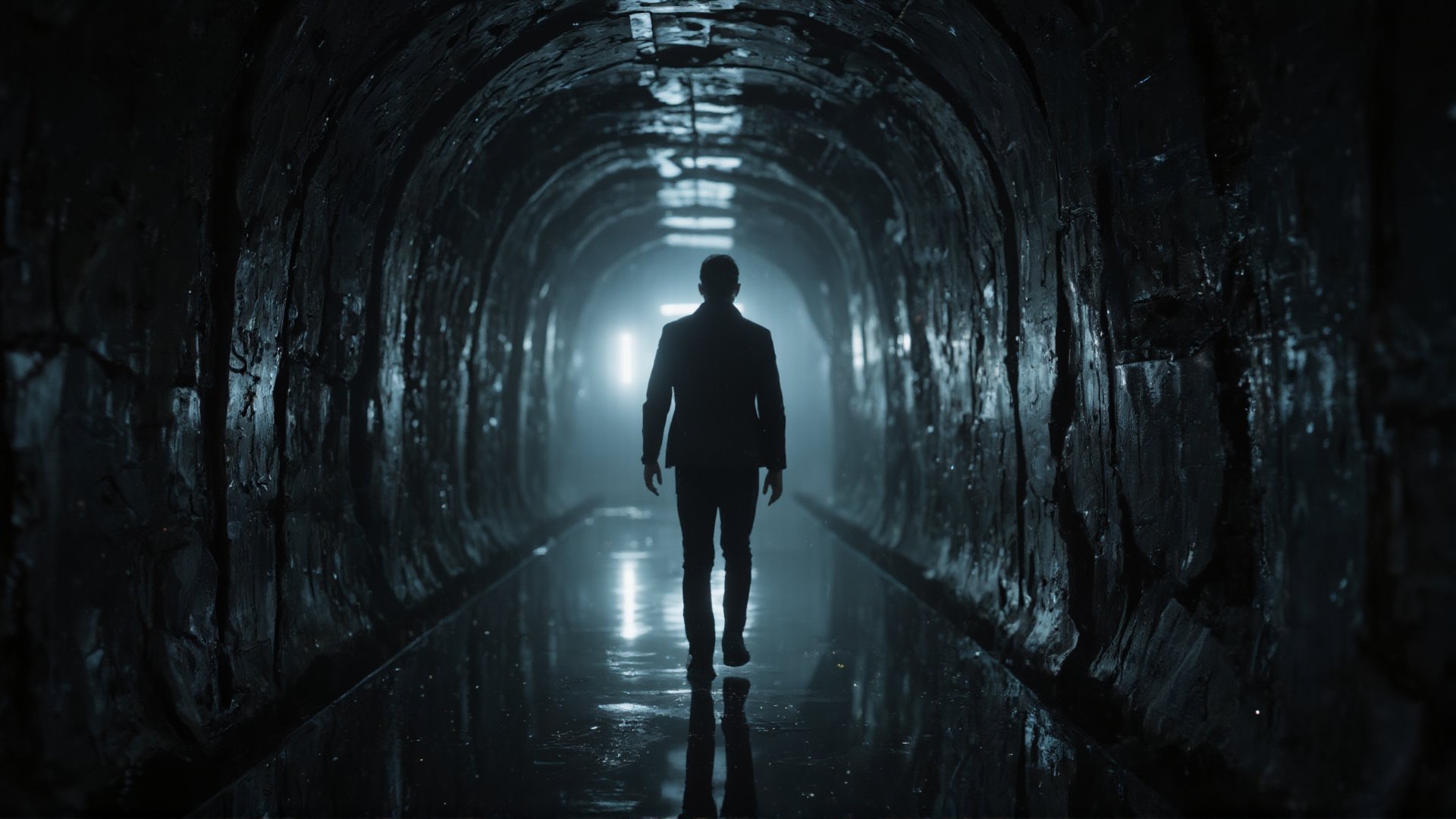 In this dramatic, ultra HD 4k wide-angle shot, a man is shown from behind, walking towards a blindingly bright light at the end of a long, shadowy tunnel. The tunnel walls are rough and industrial, dripping with water and echoing the man’s footsteps. The bright light at the end contrasts sharply with the darkness, casting long shadows. The camera captures the tension of the moment as the man approaches the light, each step deliberate. His silhouette is sharp and defined, adding to the cinematic suspense. The details of the tunnel—every crack in the walls, the glistening wet surfaces, and the distant light—are rendered in stunning 4k clarity, giving the scene a sense of mystery and anticipation.